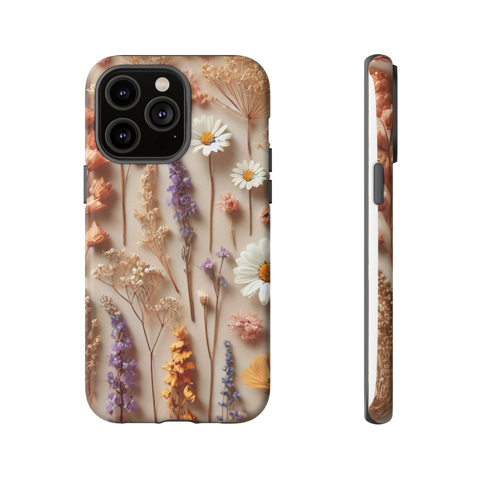 The Printify Aesthetic Pressed Flower Floral Design Phone Cover displays daisies, lavender, and baby's breath, shown from the back and side on a plain background for an elegant, natural style.