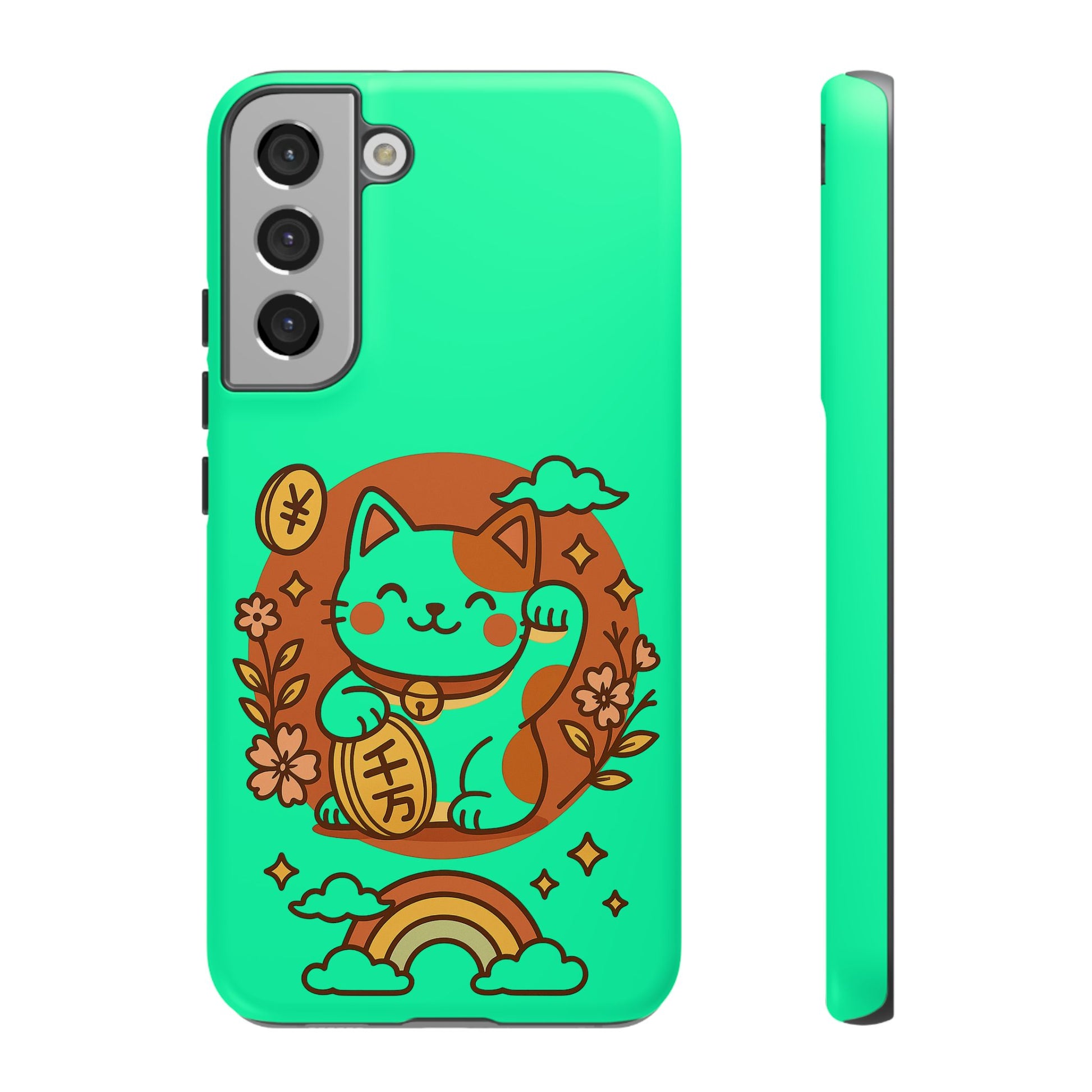 The Printify Japanese Kawaii Lucky Cat Protective Phone Case features a green dual-layer design with a smiling orange and white maneki-neko holding a coin, surrounded by flowers, clouds, and a rainbow, outlined in brown for extra charm.