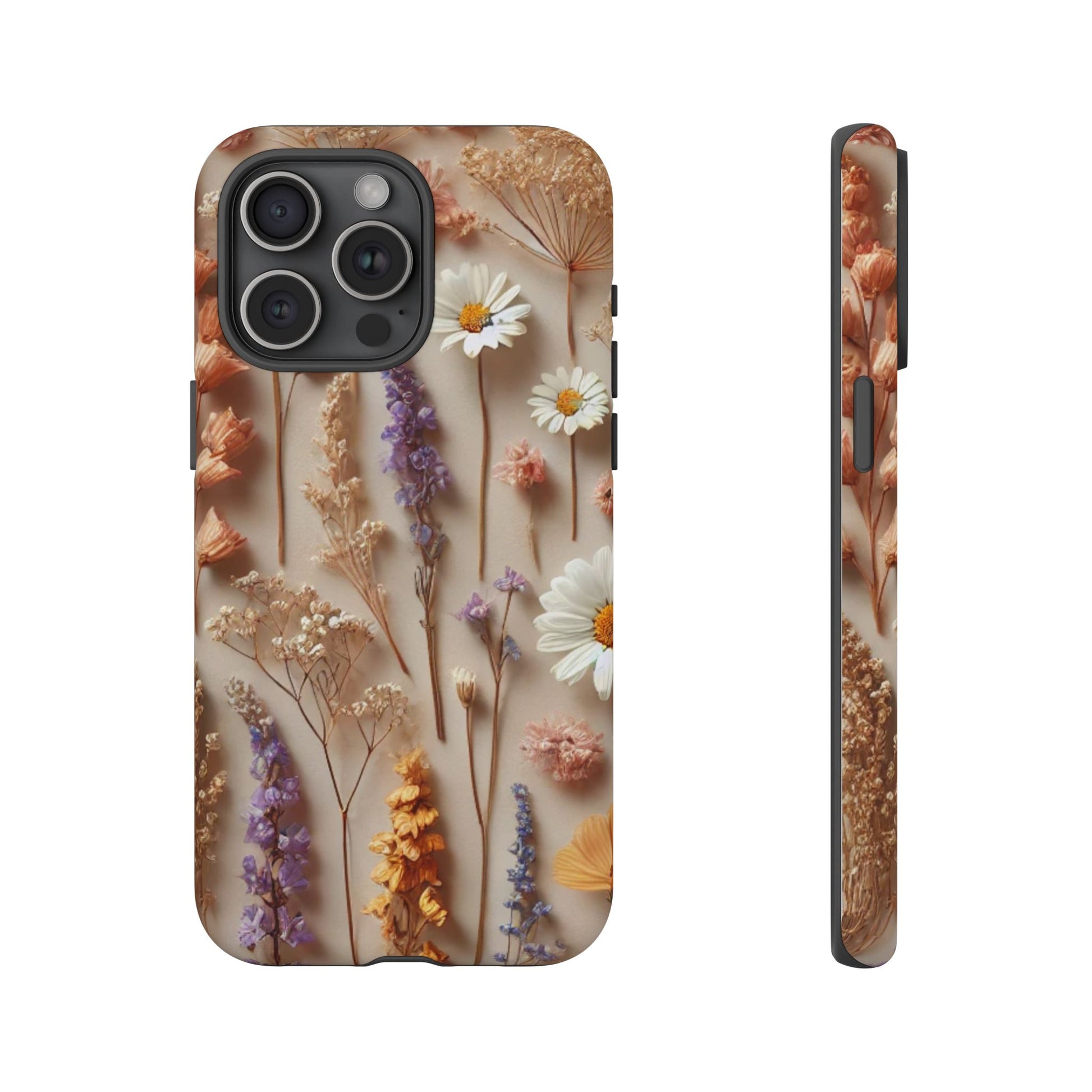 The Printify Aesthetic Pressed Flower Floral Design Phone Cover features daisies, lavender, and dried botanicals in white, yellow, purple, and orange on a beige background, with a slim profile highlighted in the side view.