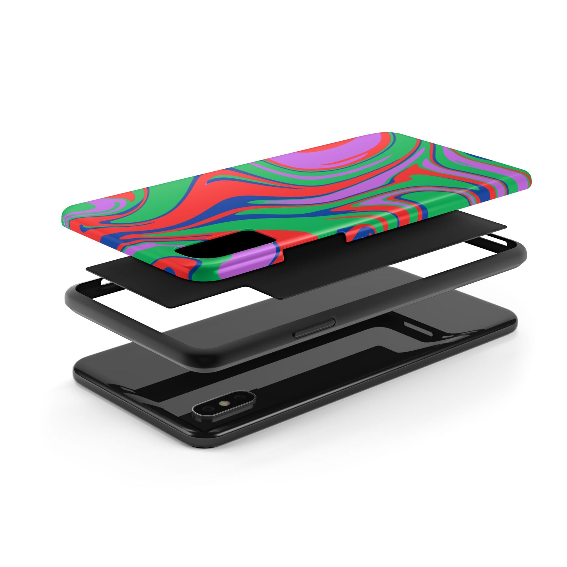 An exploded view of the Colorful Zebra Print Phone Case with Bold Design shows its wavy abstract top piece and impact-resistant layers separated above a black smartphone.