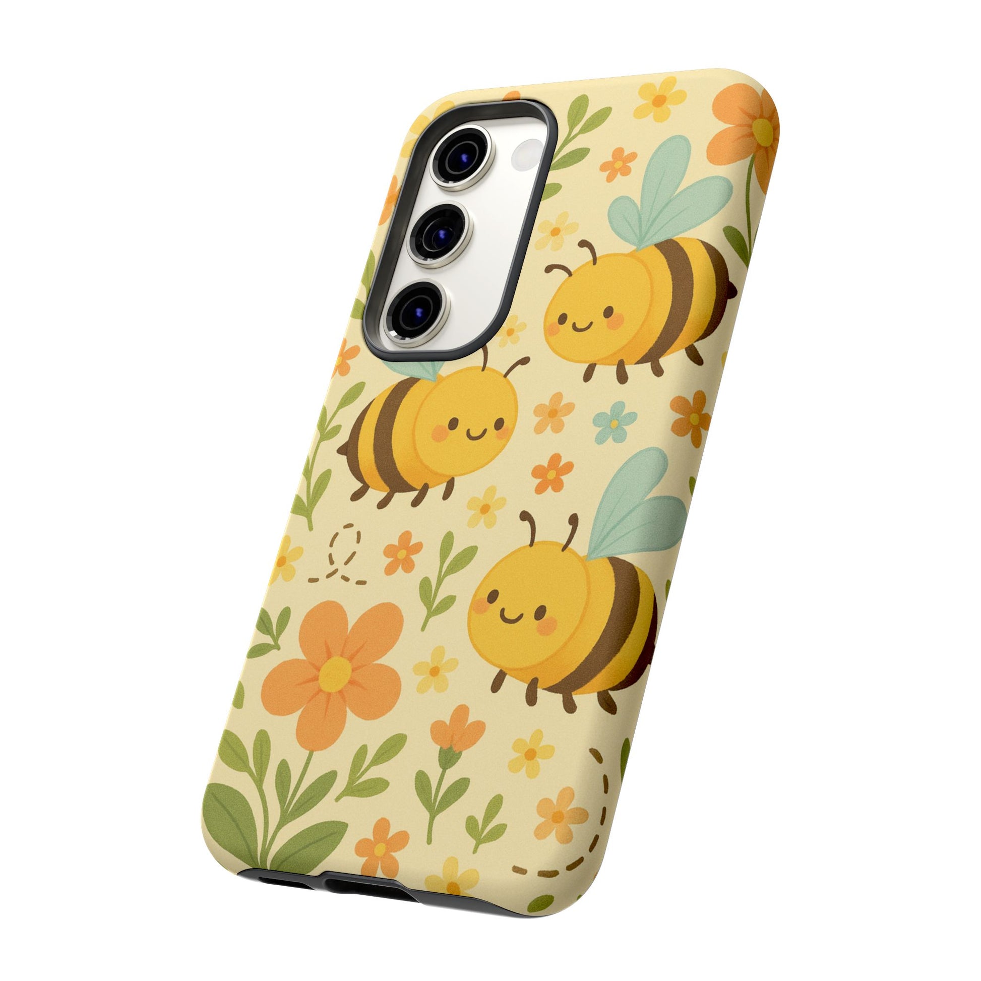 The Printify Cute Cartoon Floral Bee Tough Phone Case features smiling bees, colorful flowers, and green leaves on a light yellow background—an adorable, whimsical gift for bee lovers.