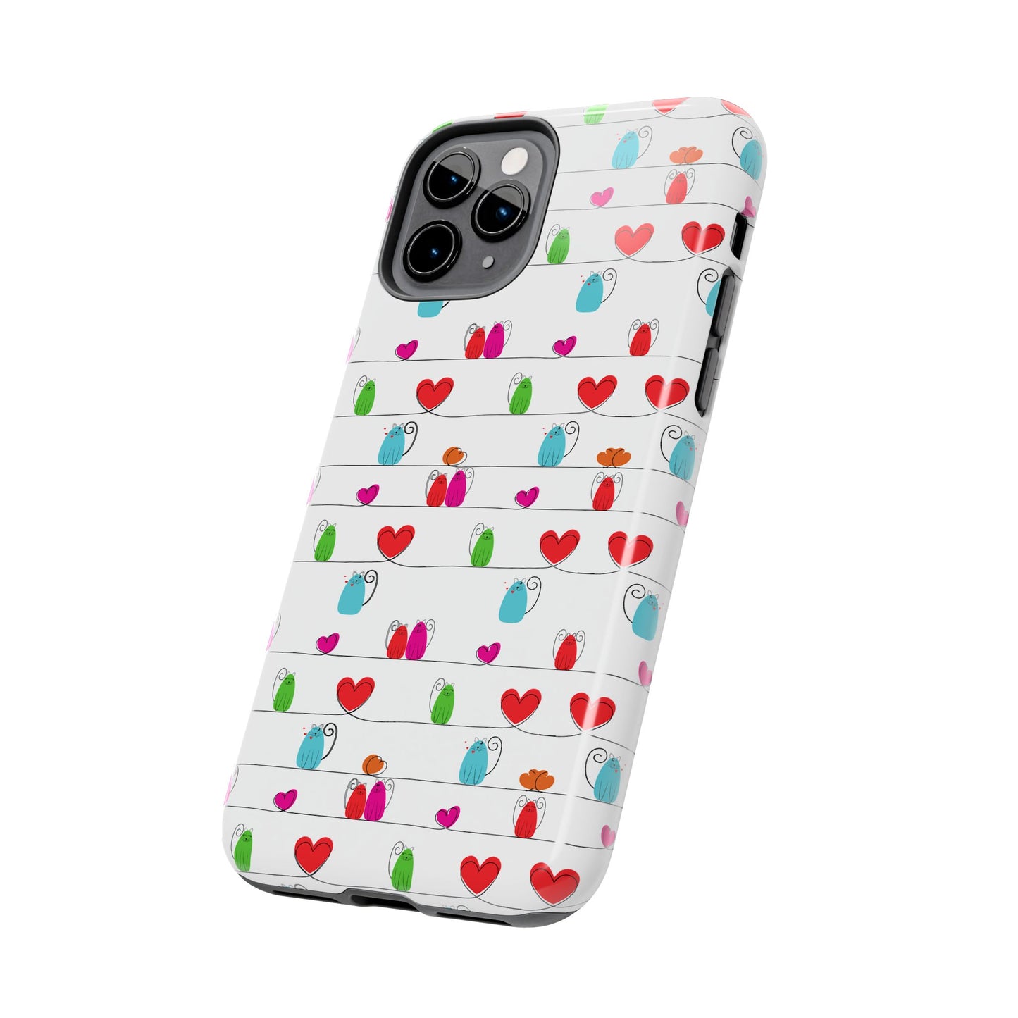 A white, impact-resistant phone cover featuring a playful print of whimsical cats and red hearts. Cute, durable, and compatible with iPhone and Samsung devices.