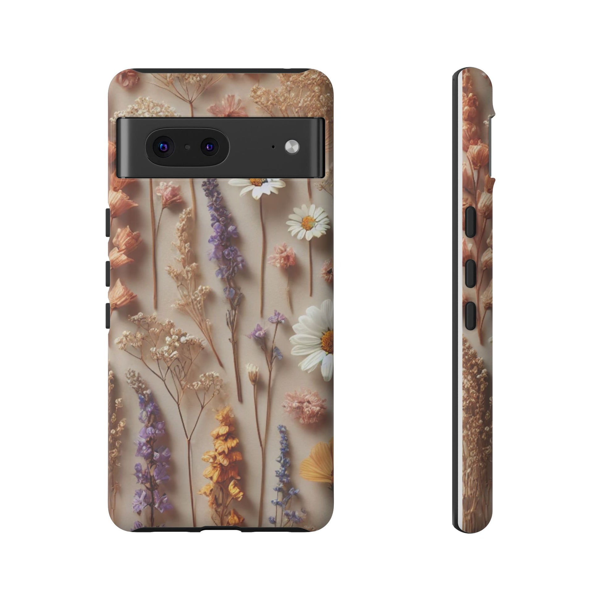The Printify Aesthetic Pressed Flower Floral Design Phone Cover showcases colorful daisies and lavender on a beige background, seen from the back and side, bringing a natural, charming touch to your phone.