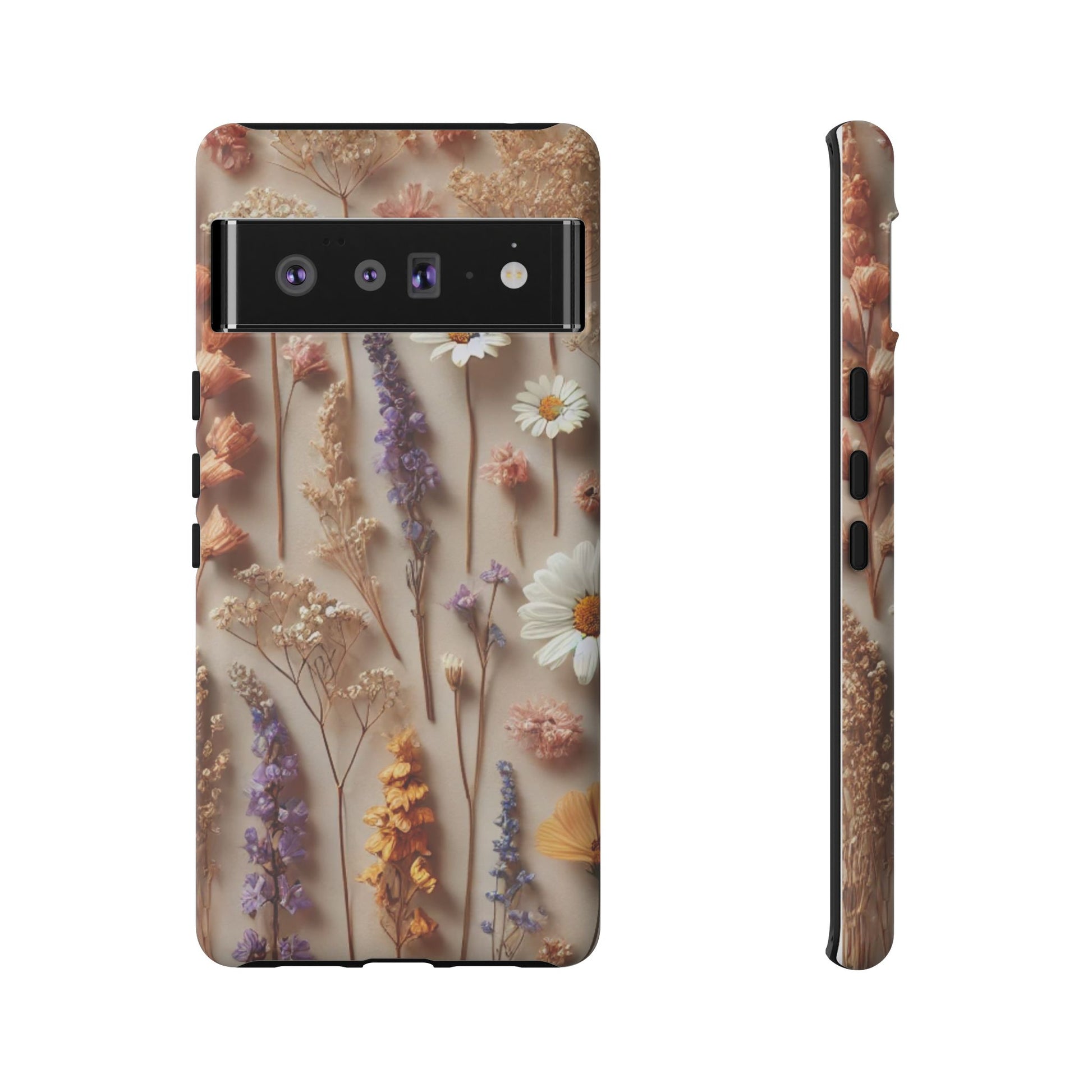 The Printify Aesthetic Pressed Flower Floral Design Phone Cover showcases purple, yellow, white, and orange pressed flowers, vertically arranged on a beige background. Both front and side views of this stylish case are displayed.