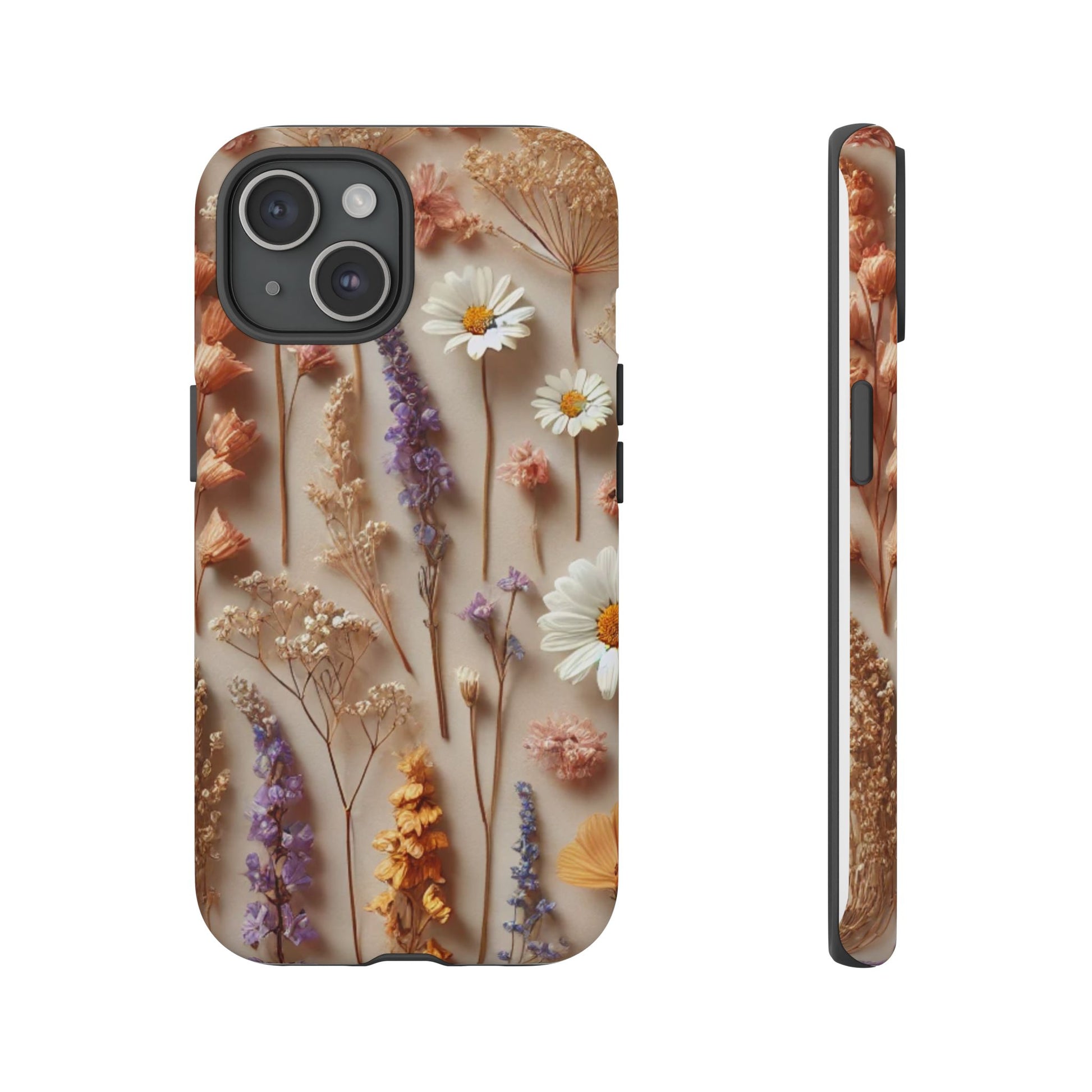 The Aesthetic Pressed Flower Floral Design Phone Cover by Printify features orange, purple, white, and yellow pressed florals on a beige background. Images show the phone case’s back and side details.