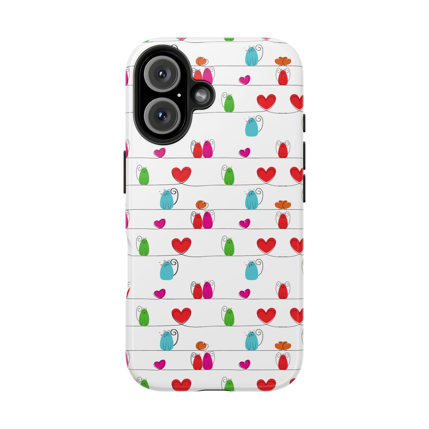 Whimsical cat print phone cover—cute, durable, and impact-resistant with a playful cat design on a white background. Compatible with iPhone and Samsung models for stylish protection.