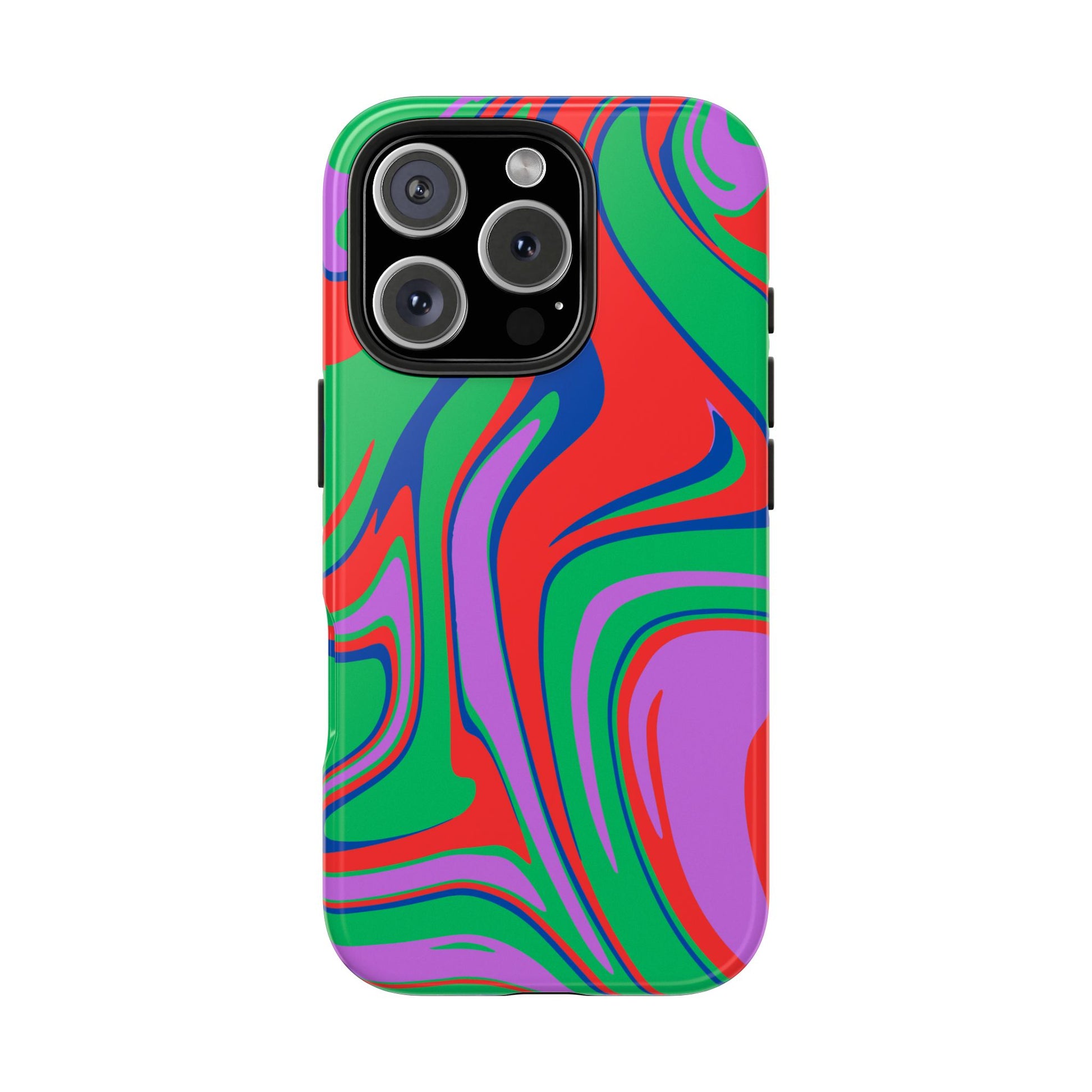 The Colorful Zebra Print Phone Case with Bold Design features a vibrant abstract pattern in red, green, purple, and blue, shown from the back with three camera lenses. This tough, impact-resistant case offers a modern, eye-catching look.