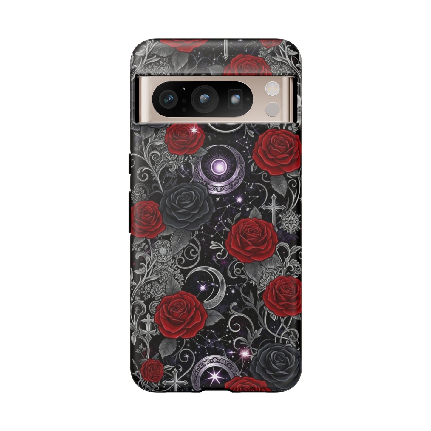 The Printify Dark Gothic Red Roses Matte Tough Phone Case showcases red roses, crescent moons, stars, and silver patterns on a sleek black background.
