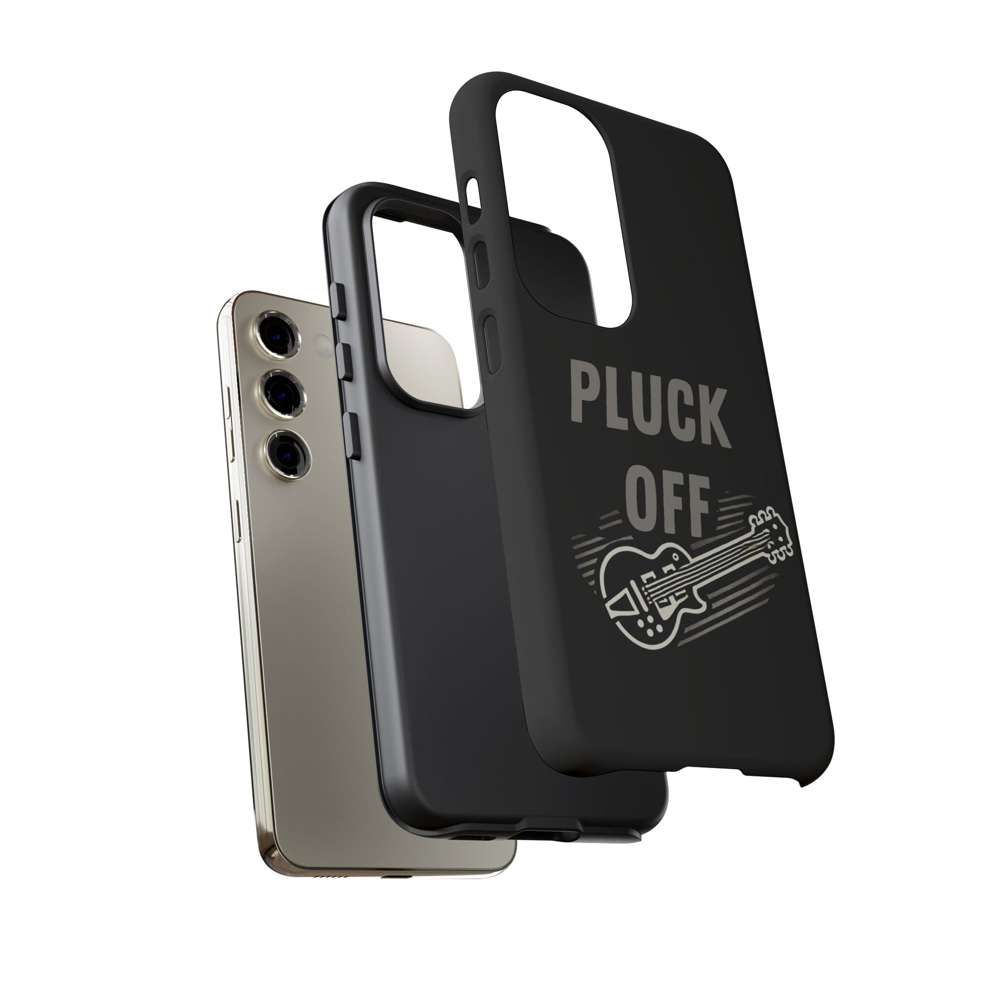 Three smartphones with two Funny Pun Pluck Off Tough Phone Cases—each featuring a guitar illustration and the phrase “PLUCK OFF.” The dual-layer cases are shown elevated above the phones, emphasizing their bold design and sturdy protection.
