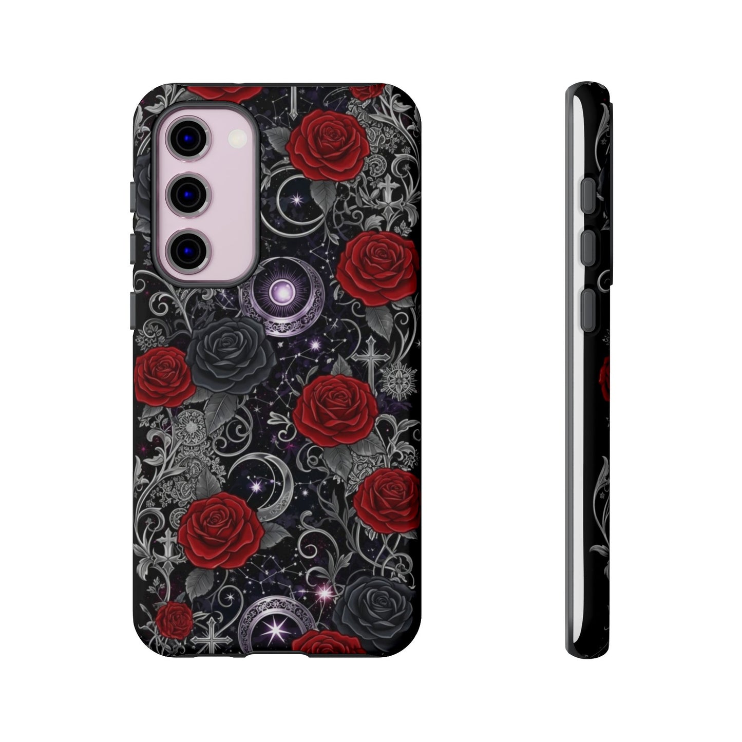 The Dark Gothic Red Roses Matte Tough Phone Cases by Printify feature a dark floral design with red roses, silver leaves, crescent moons, and glowing stars on a black background, elegantly wrapping around the back and sides.
