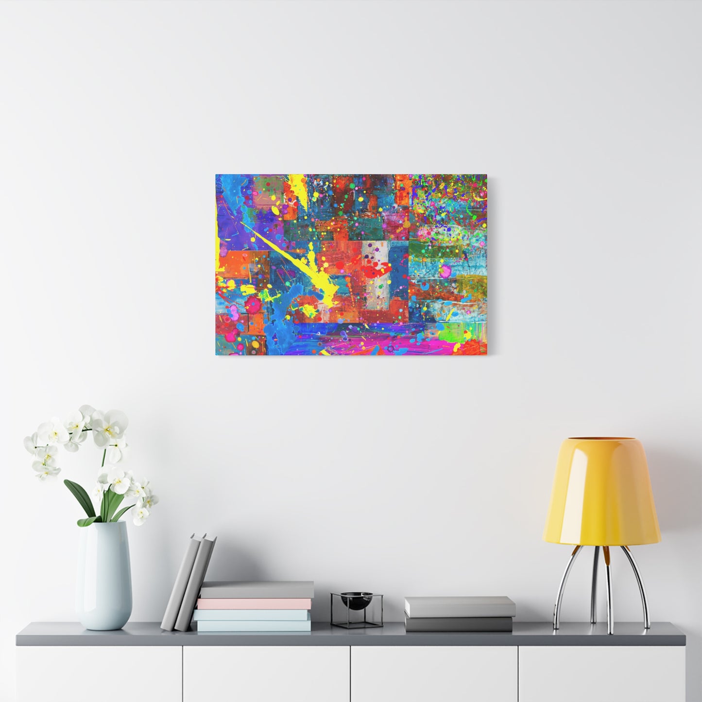 Vivid Neon Chaos Canvas Print Abstract Patchwork Splatter Art - Paragon Prints