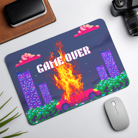 8bit retro game over mousepad featuring pixel art flames and vibrant colors for gamers