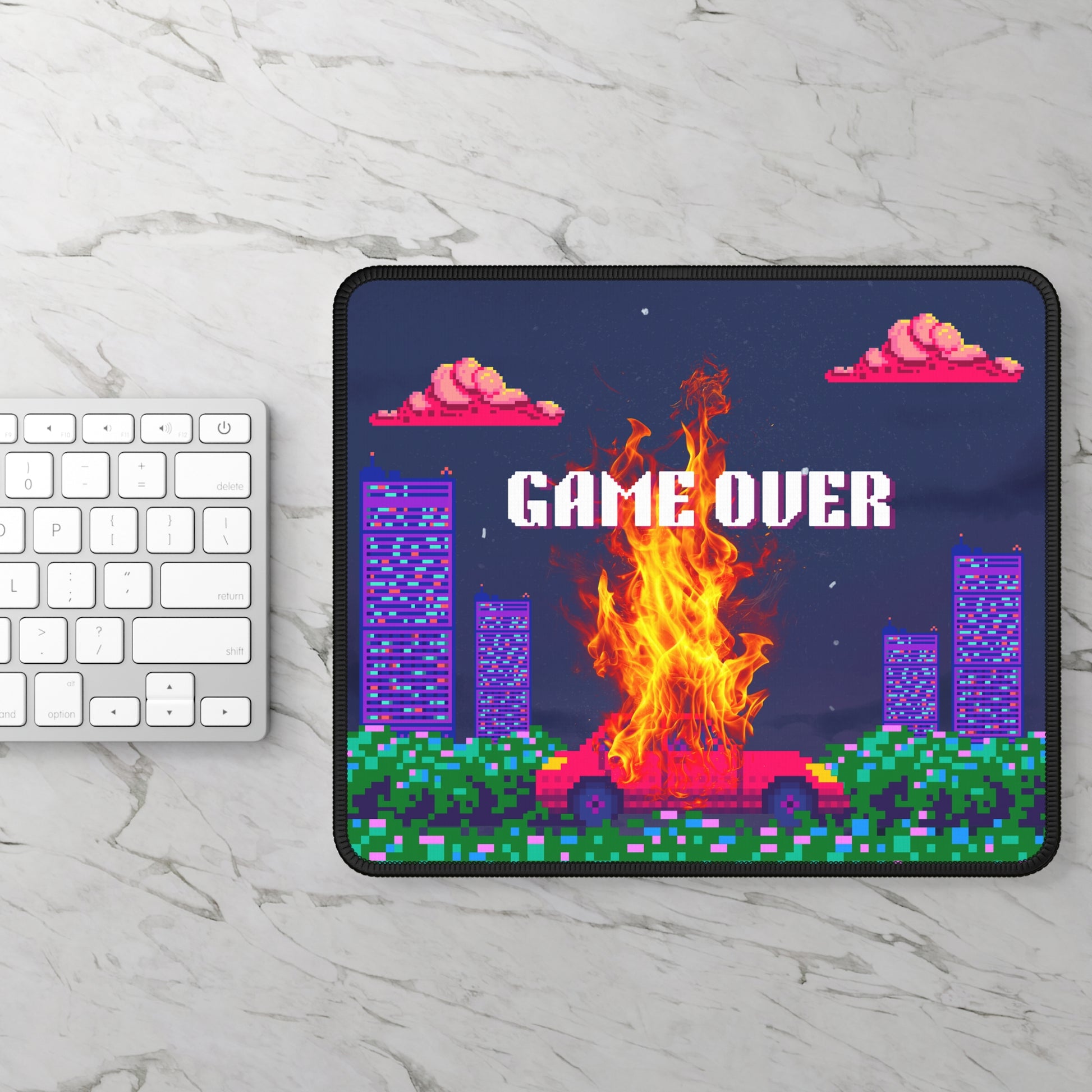 8bit retro game over mousepad featuring a vibrant scene with flames and pixel art design