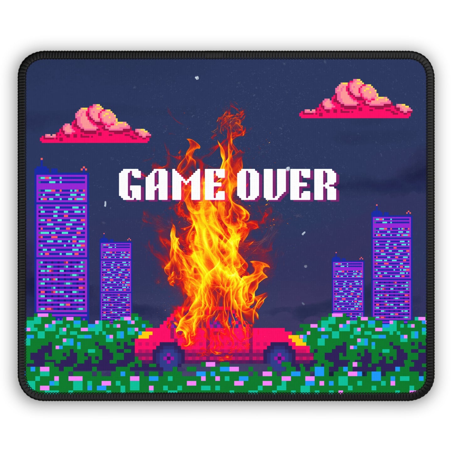 8bit retro game over mousepad featuring pixel art of a burning car with a city backdrop