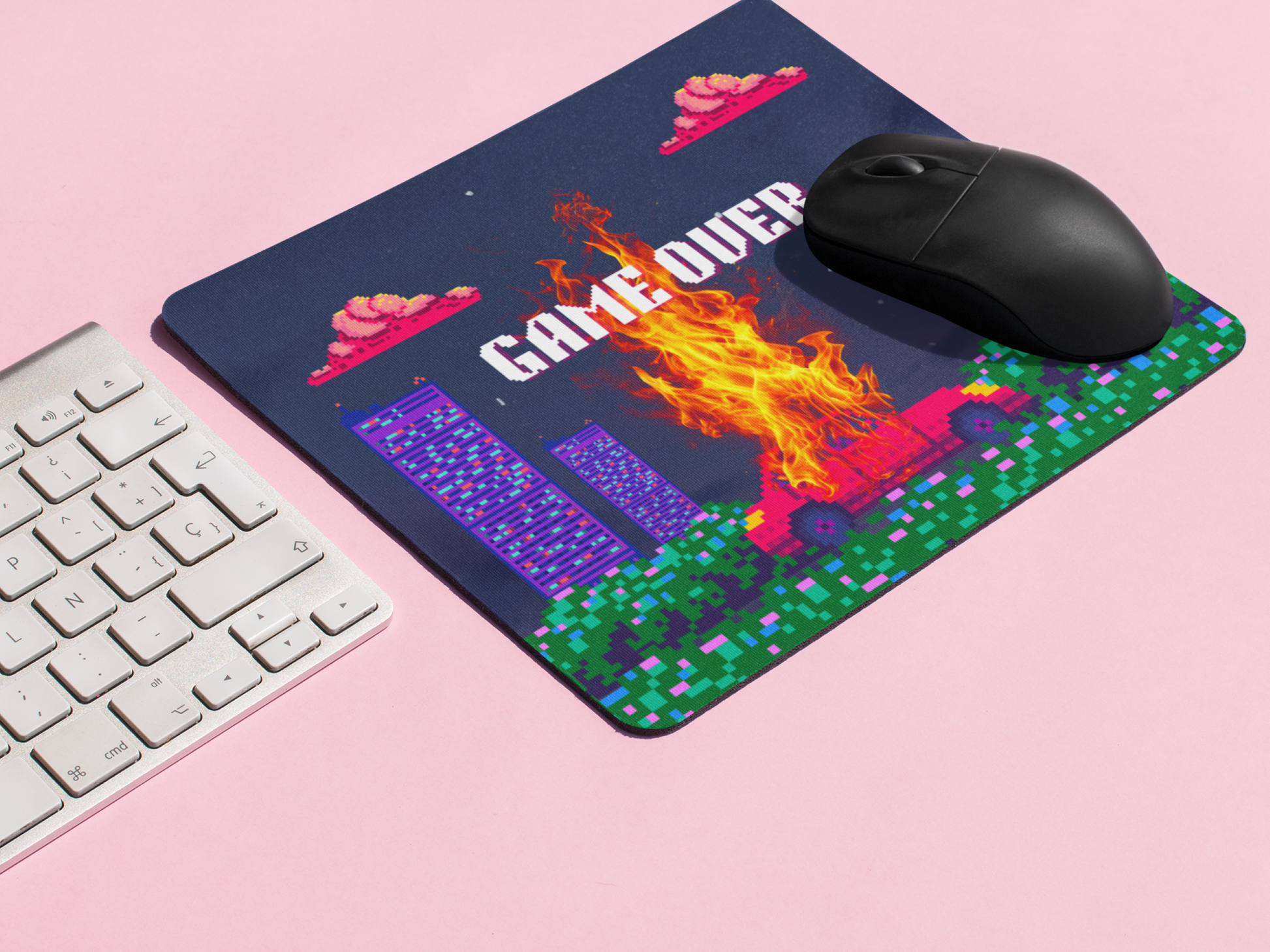 8bit retro game over mousepad featuring pixel art graphics and vibrant colors for gamers