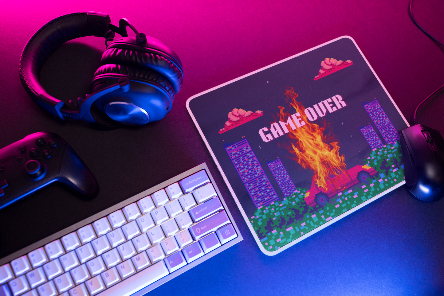 8bit retro game over mousepad with colorful graphics for gaming setups and home offices