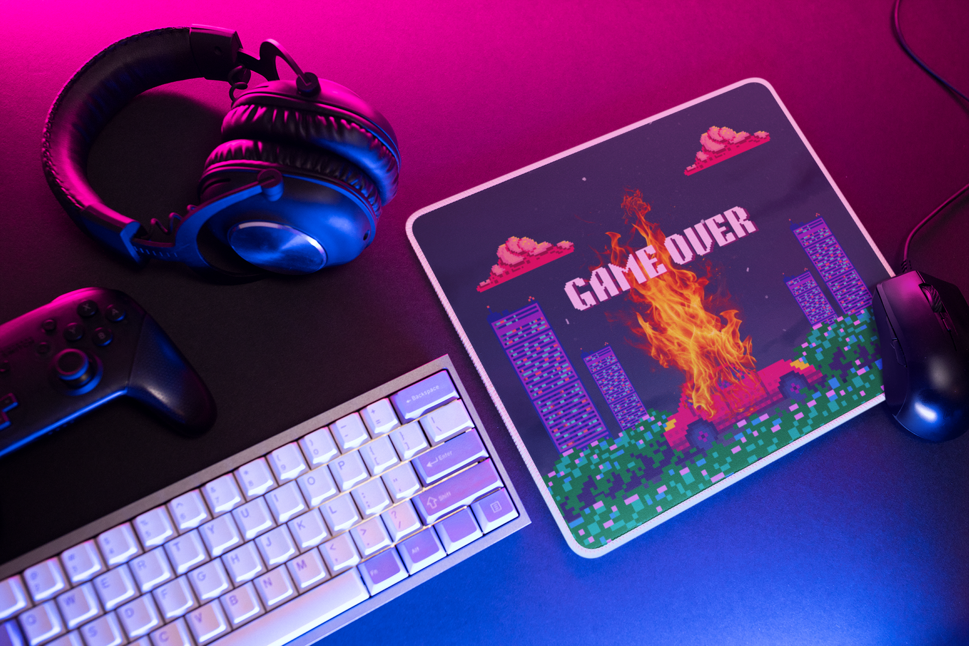 8bit retro game over mousepad with colorful graphics for gaming setups and home offices