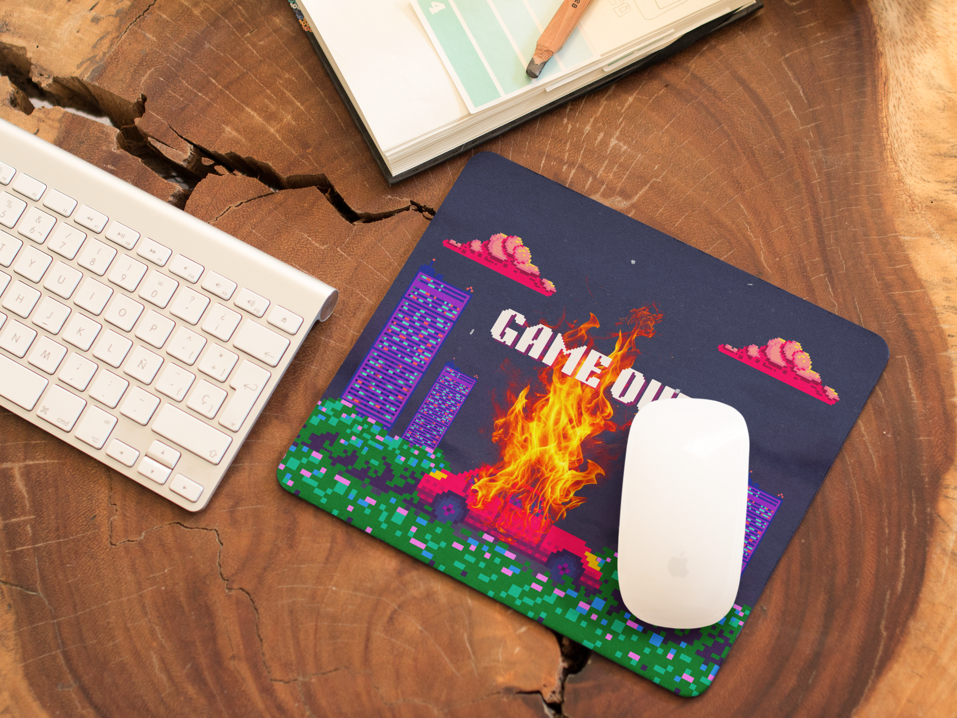 8bit retro game over mousepad featuring pixel art flames and vibrant colors on a wooden desk
