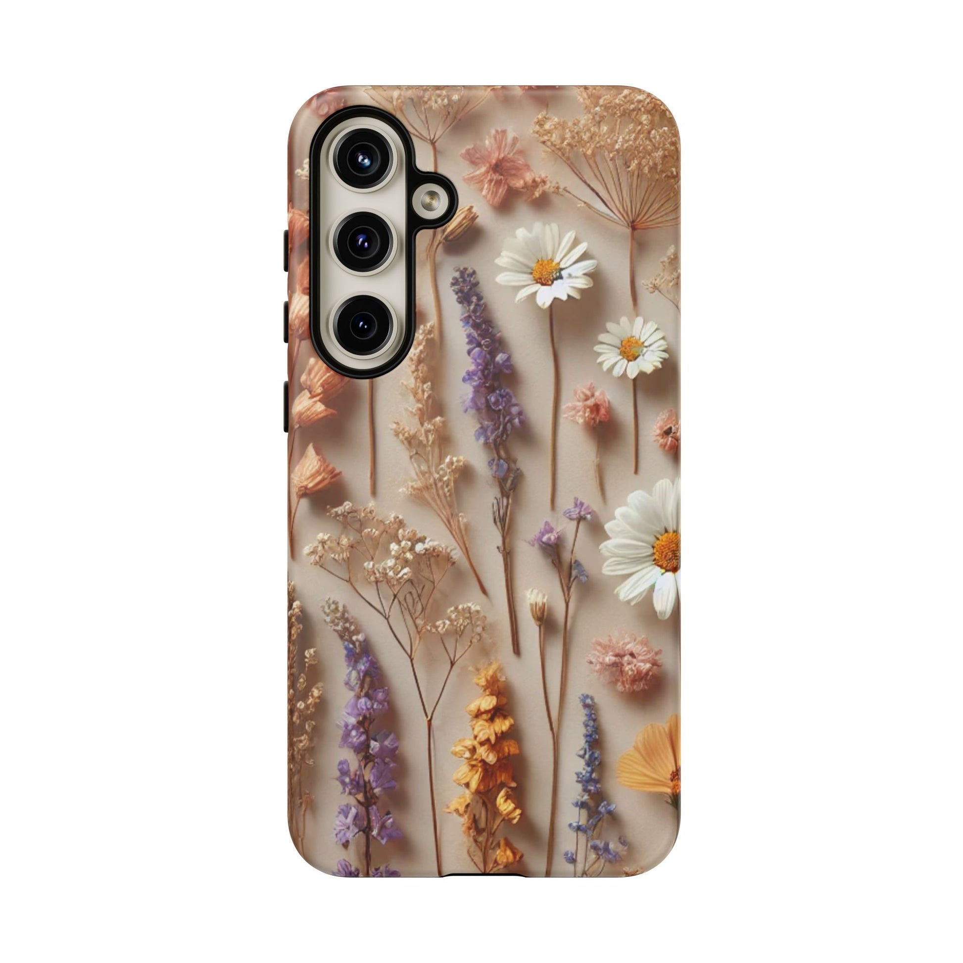 The Printify Aesthetic Pressed Flower Floral Design Phone Cover features daisies and lavender in purple, orange, and white on a beige background—an elegant case to elevate any phone’s style.