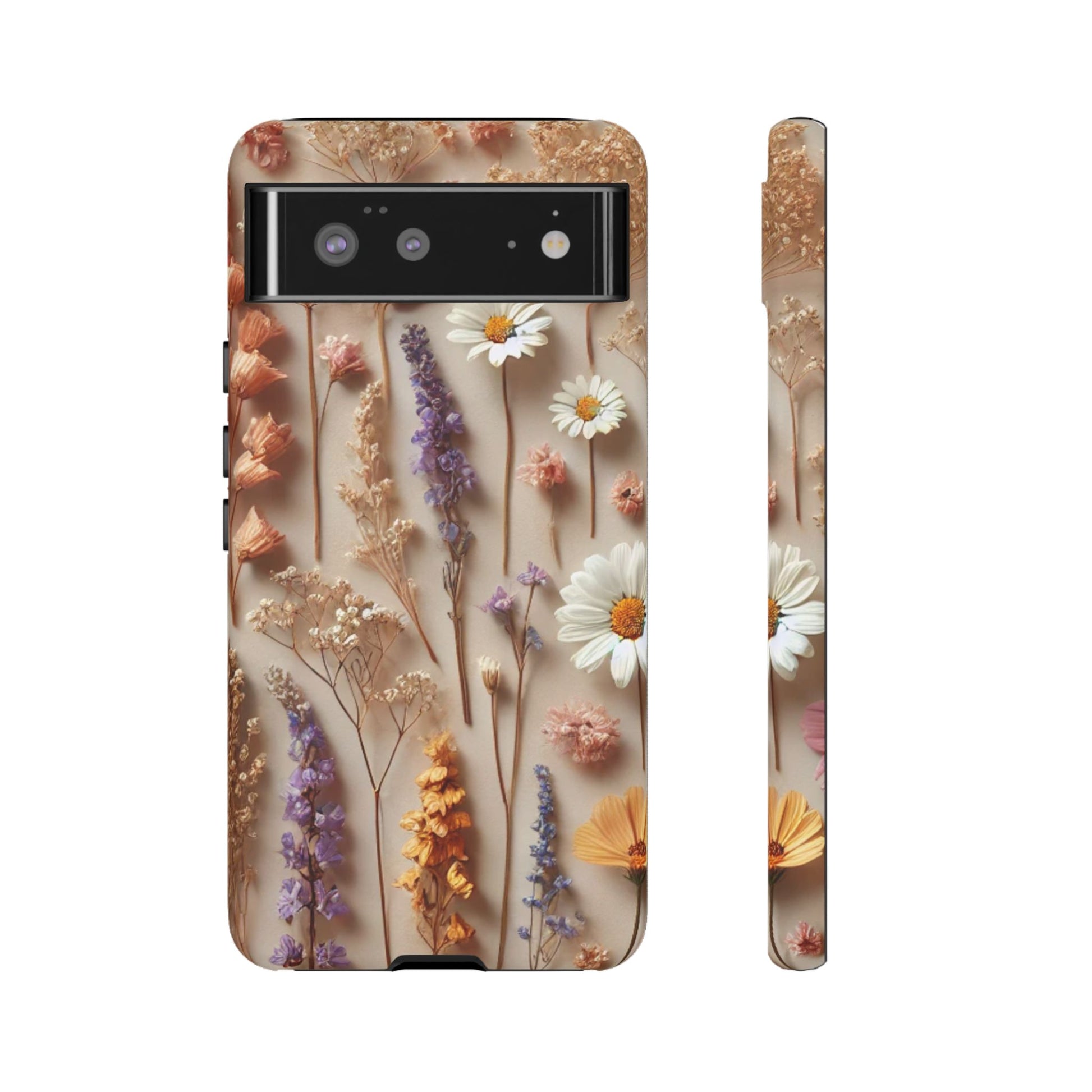 The Printify Aesthetic Pressed Flower Floral Design Phone Cover features daisies, lavender, and wildflowers on a beige background, with the floral pattern elegantly wrapping around the sides for a seamless look.