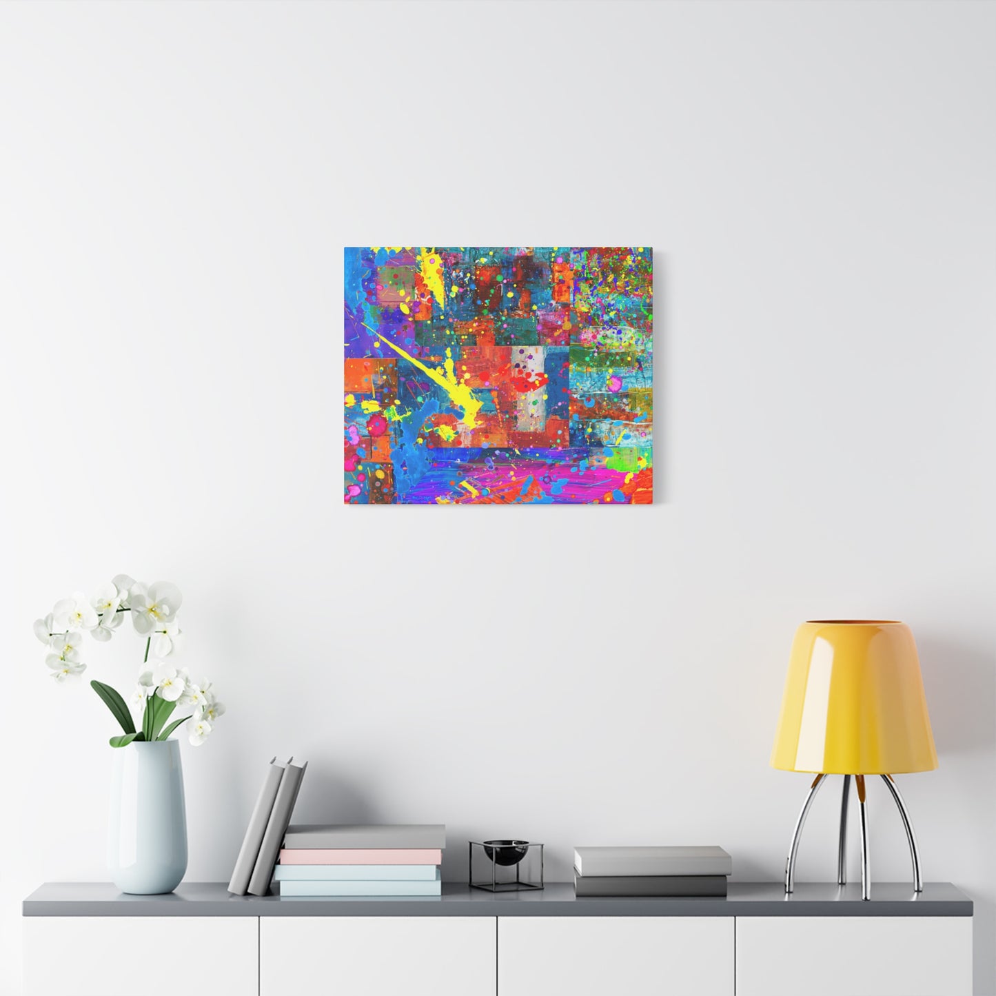Vivid Neon Chaos Canvas Print Abstract Patchwork Splatter Art - Paragon Prints