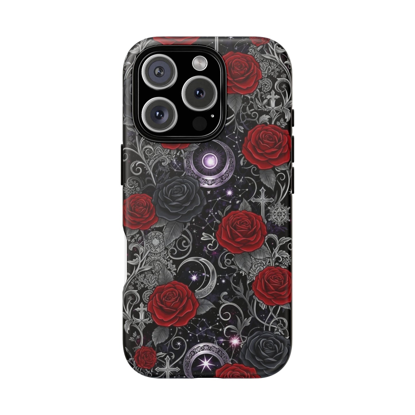 The Dark Gothic Red Roses Matte Tough Phone Case by Printify showcases a black background with red roses, silver ornate patterns, moons, and stars in a mystical gothic style.