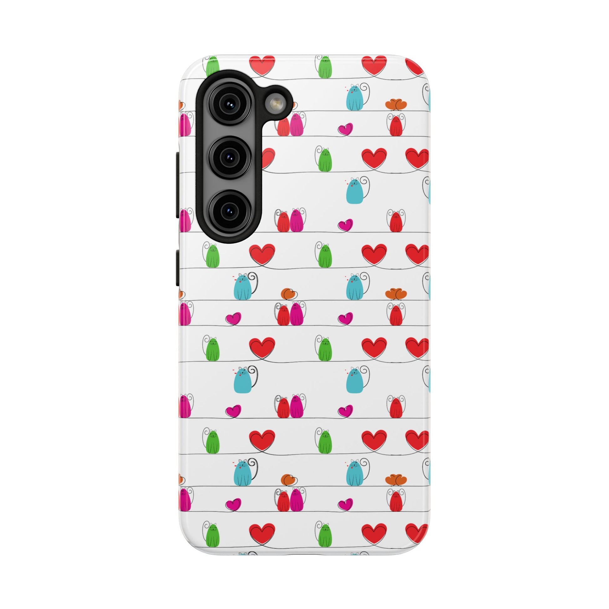 A cute and durable phone cover with a whimsical cat print on a white background. Compatible with iPhone and Samsung, it offers style and impact-resistant protection for everyday use.