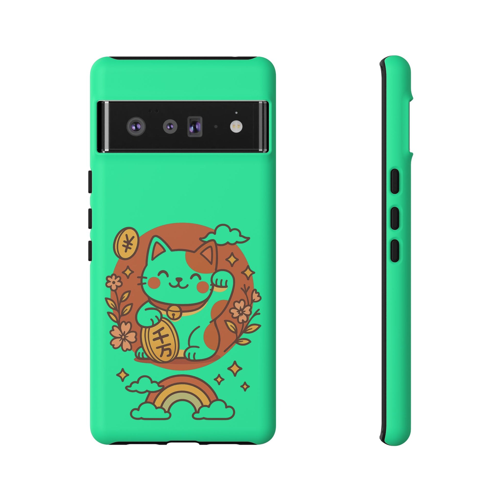 The Printify Japanese Kawaii Lucky Cat Protective Phone Case features a cute luck cat with a gold coin, flowers, clouds, and a rainbow on a green dual-layer design. Front and side views of this custom case are shown.
