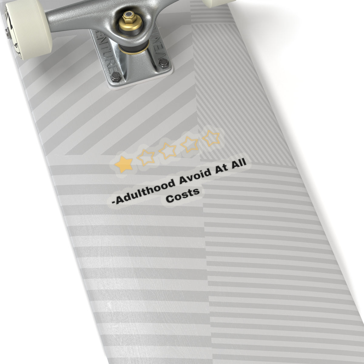 Adulthood review sticker with one-star rating on skateboard deck from Printify paper products