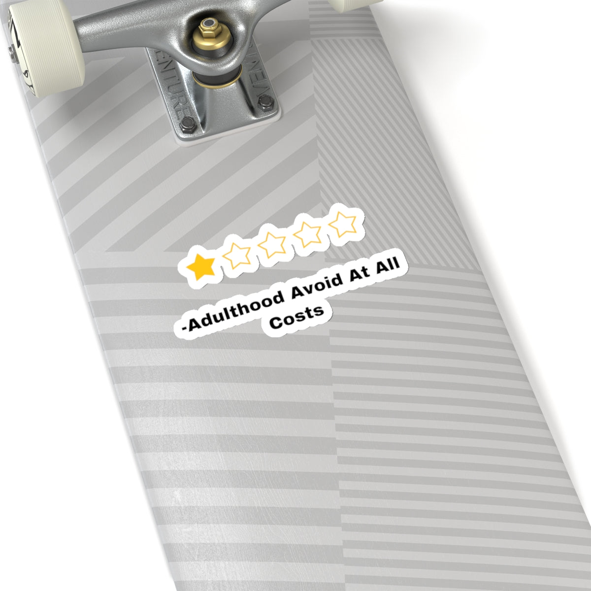 Adulthood review sticker with one star and text on a gray skateboard deck by Printify