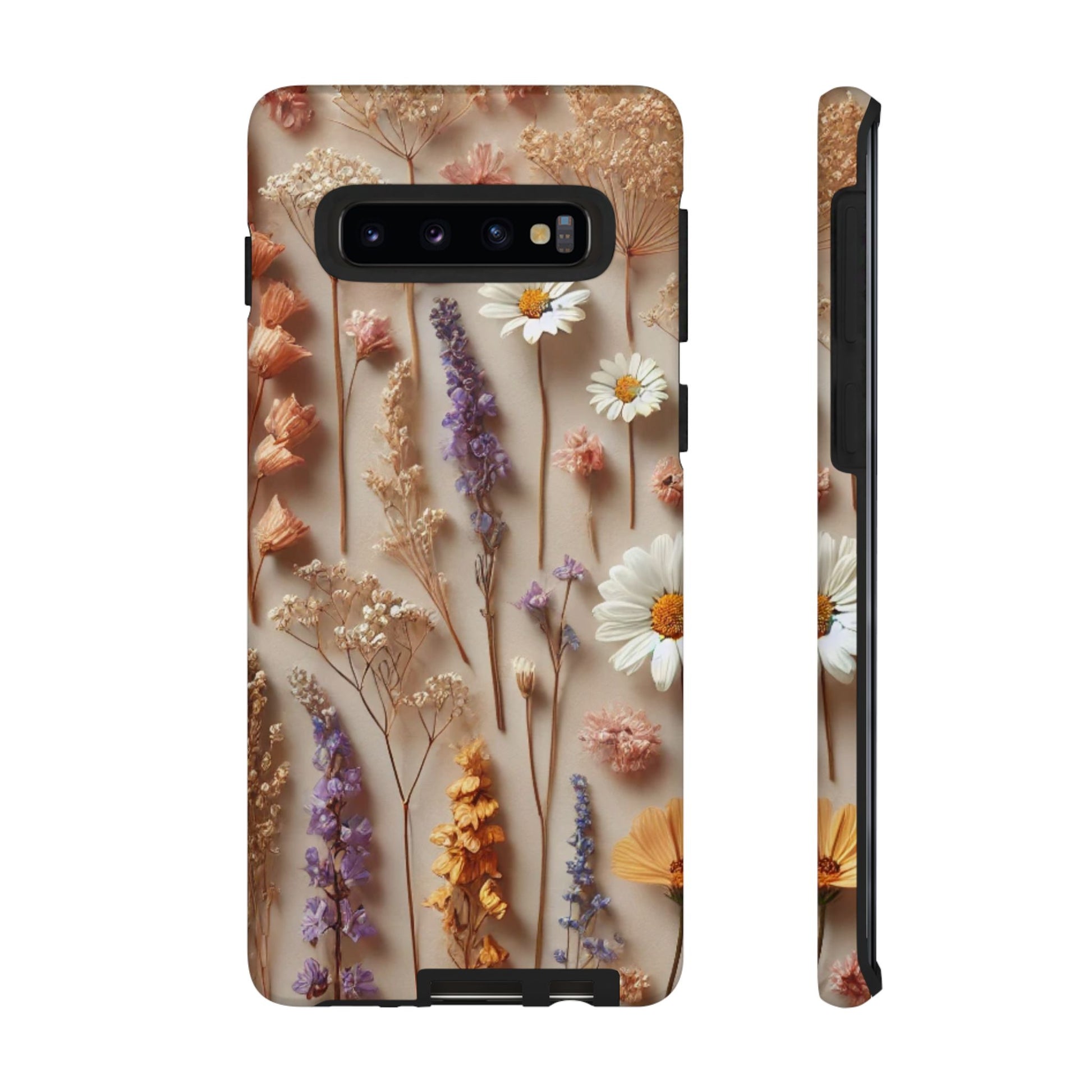 Aesthetic pressed flower floral design phone cover featuring colorful flowers on a beige background