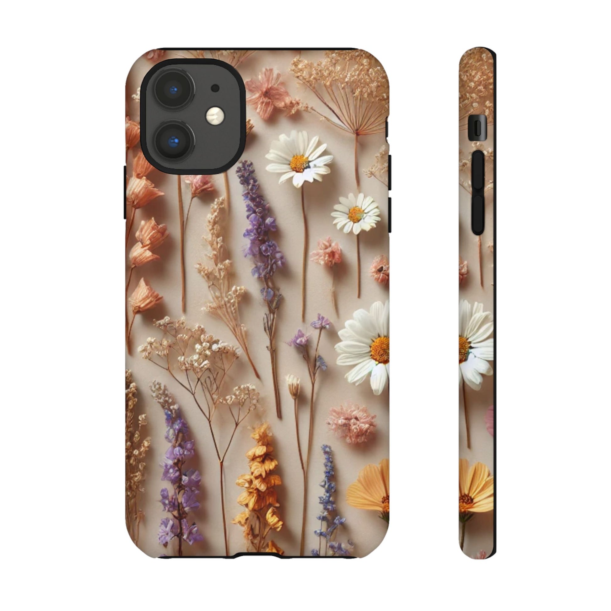 Aesthetic pressed flower floral design phone cover showcasing vibrant flowers on a neutral background