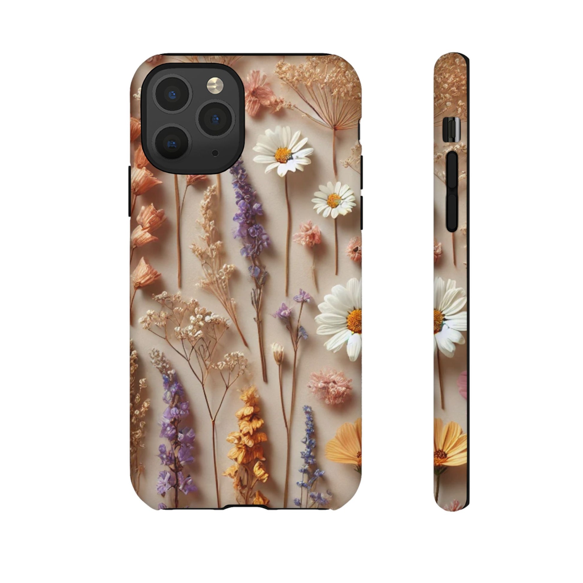 Aesthetic pressed flower floral design phone cover featuring dried flowers and vibrant colors