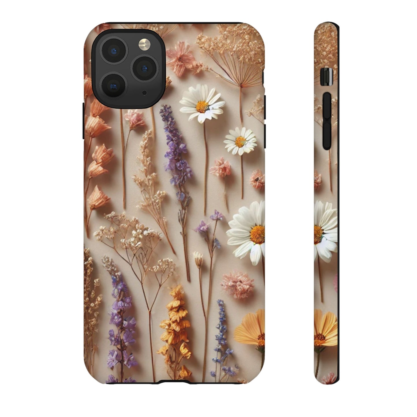 Aesthetic pressed flower floral design phone cover featuring colorful dried flowers on a beige background