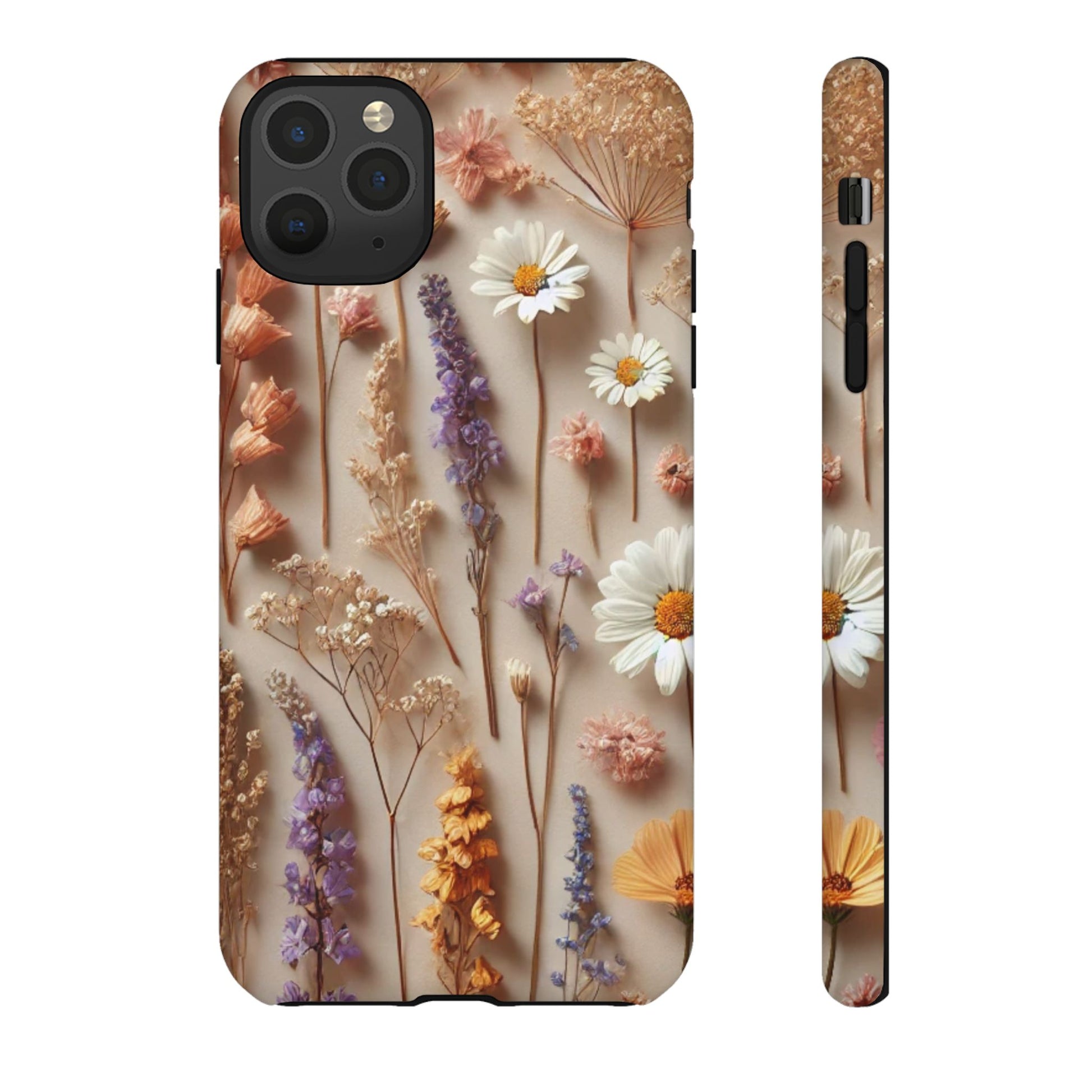 Aesthetic pressed flower floral design phone cover featuring colorful dried flowers on a beige background