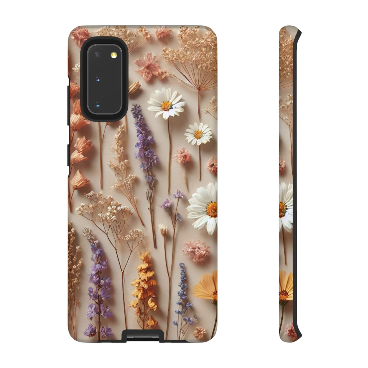 Aesthetic pressed flower floral design phone cover featuring colorful dried flowers on a neutral background.