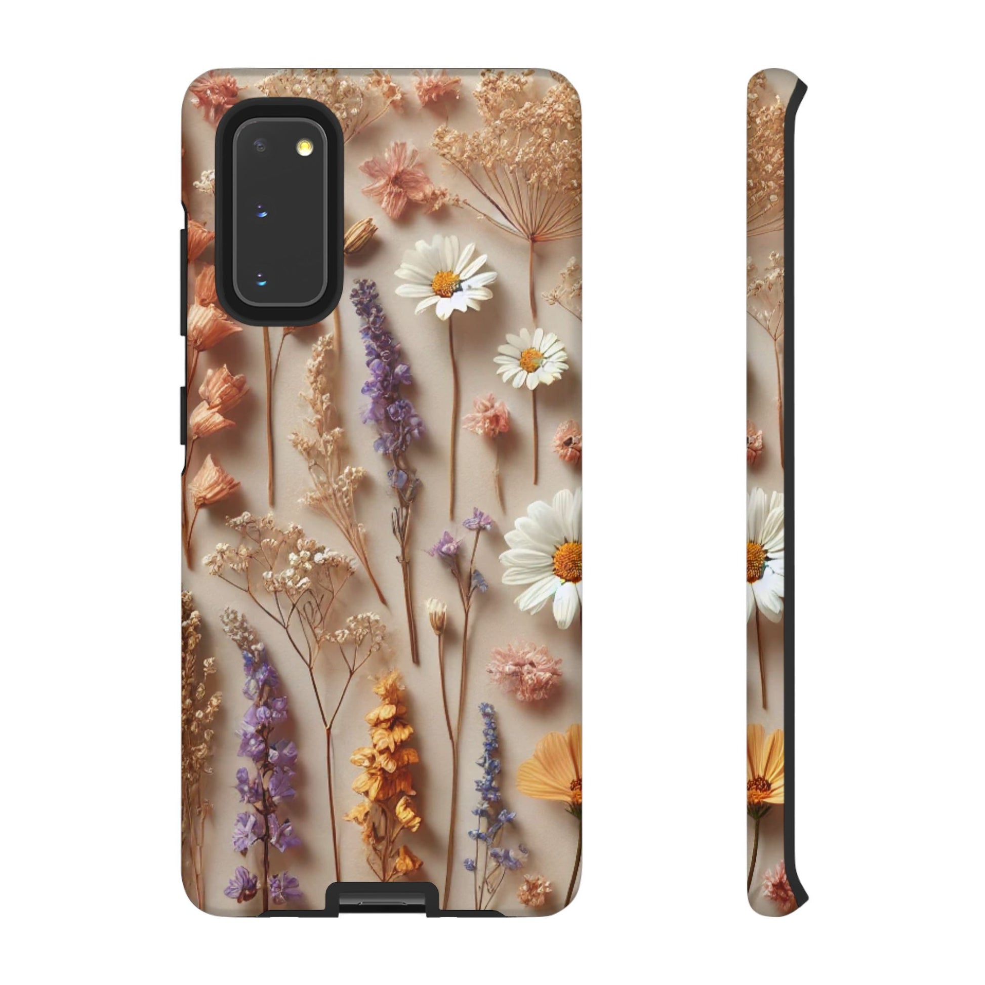 Aesthetic pressed flower floral design phone cover featuring colorful dried flowers on a neutral background.