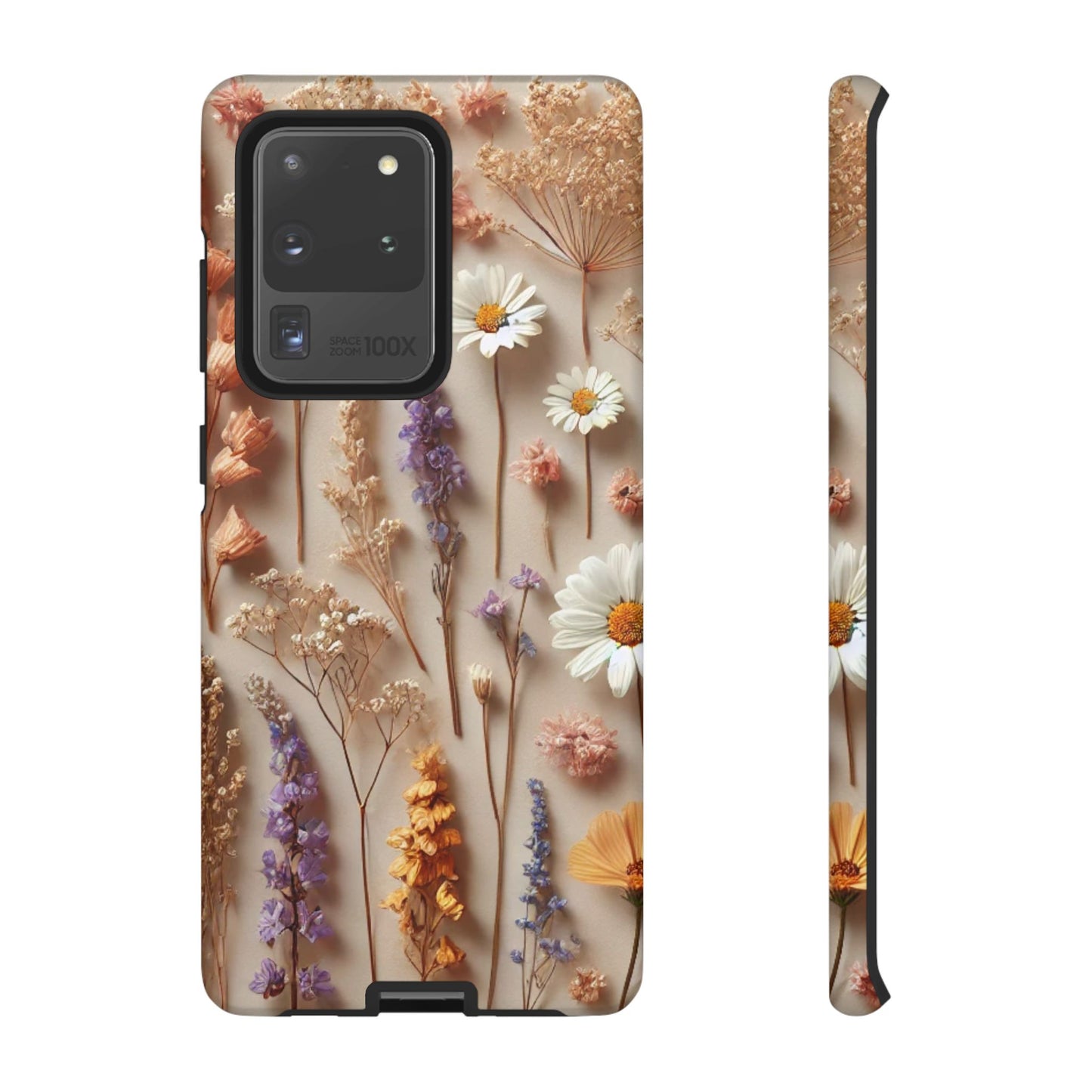 Aesthetic pressed flower floral design phone cover featuring colorful flowers on a soft background