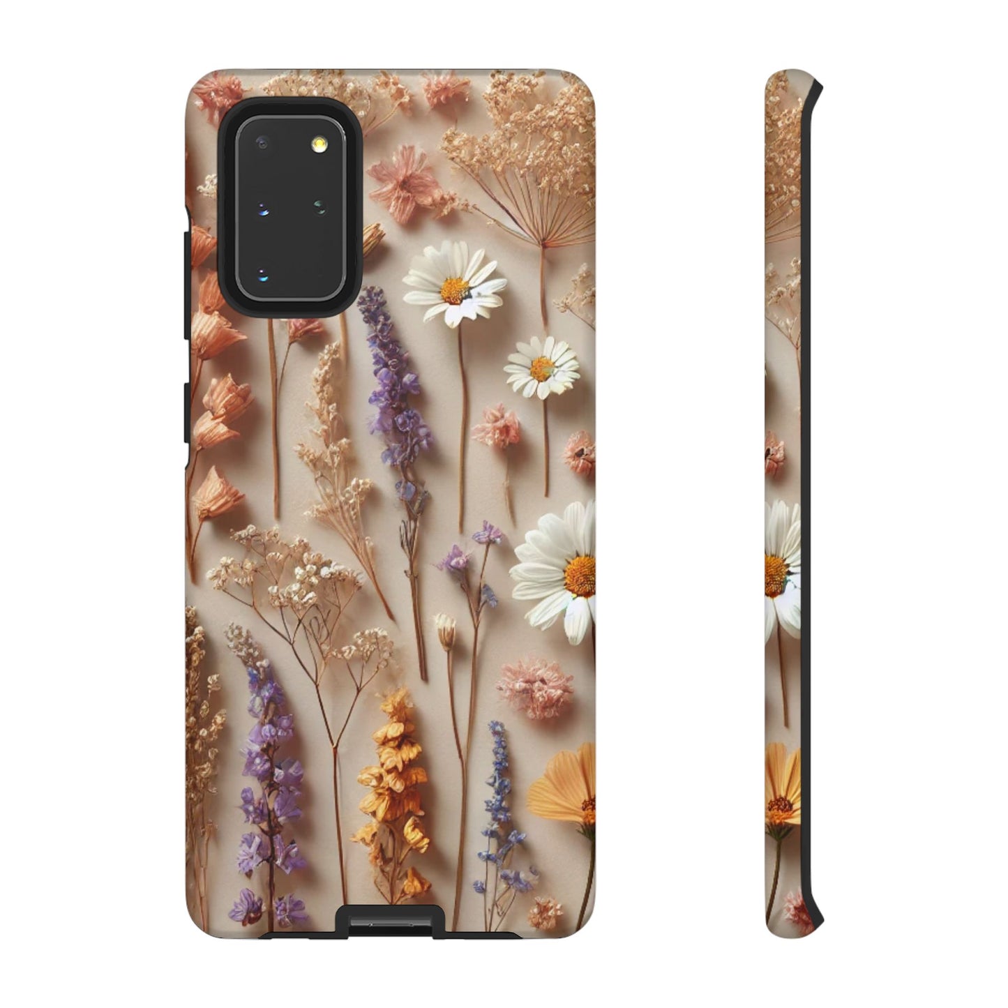 Aesthetic pressed flower floral design phone cover featuring colorful dried flowers and plants