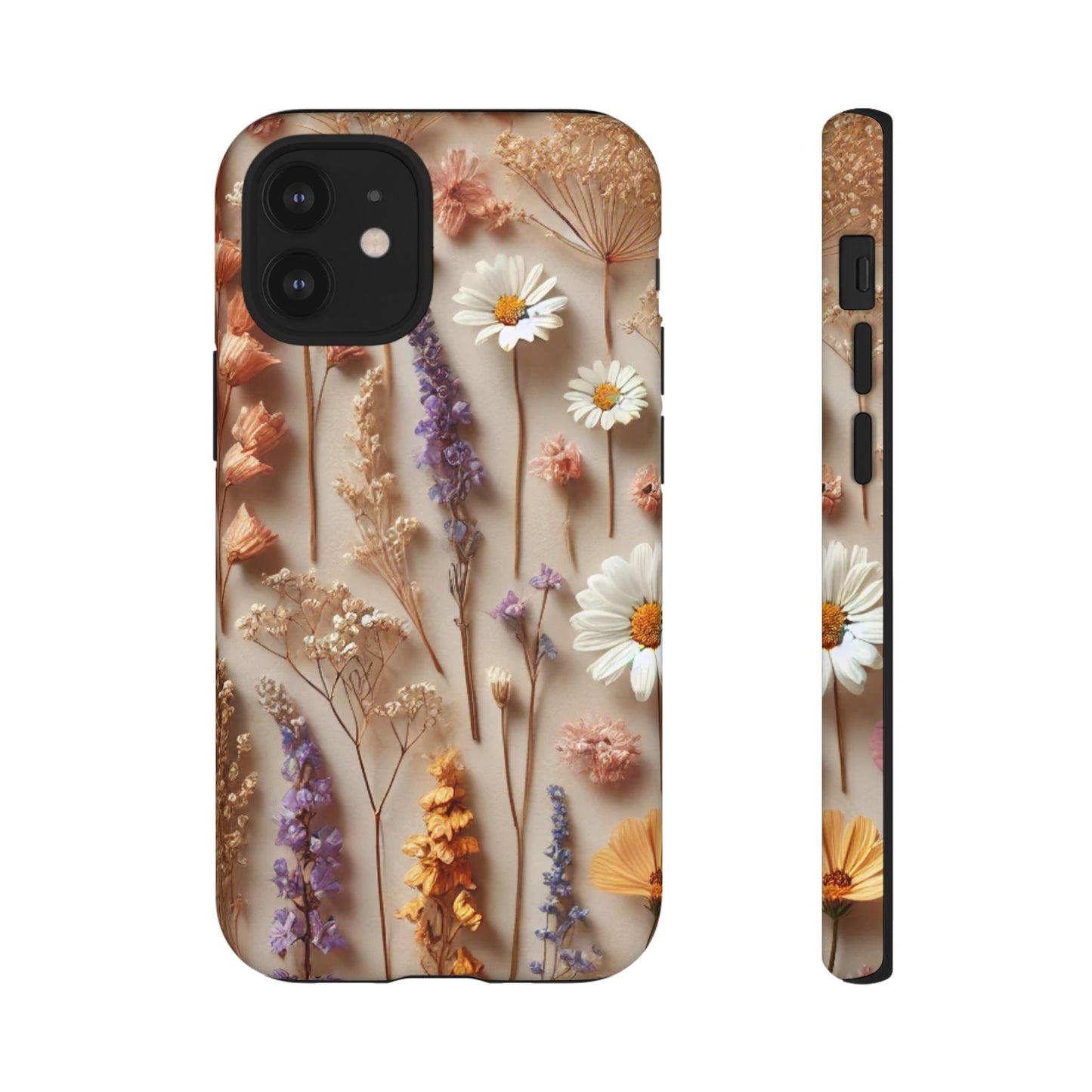 Aesthetic pressed flower floral design phone cover featuring colorful dried flowers on a soft background.