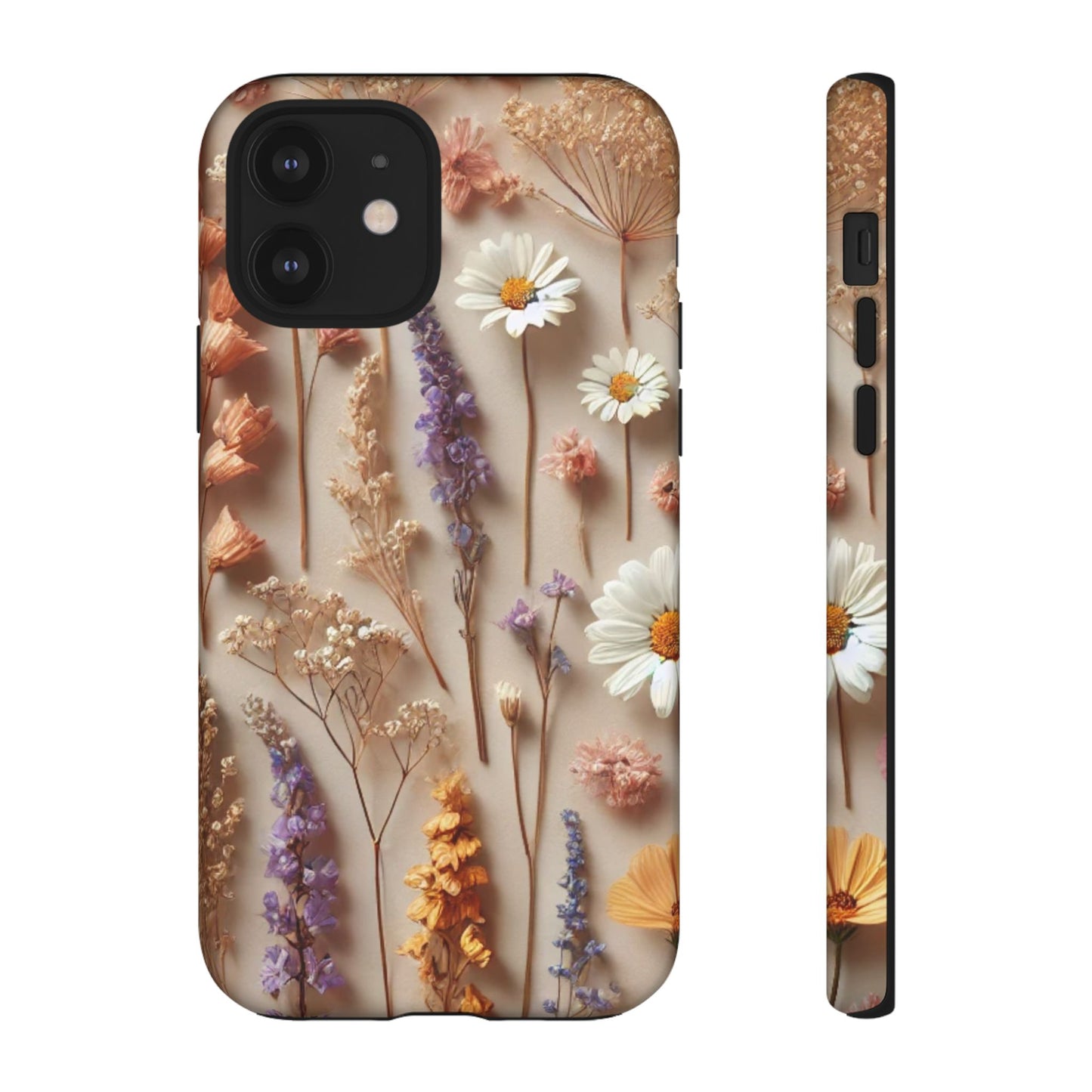 Aesthetic pressed flower floral design phone cover featuring colorful dried flowers on a neutral white background.