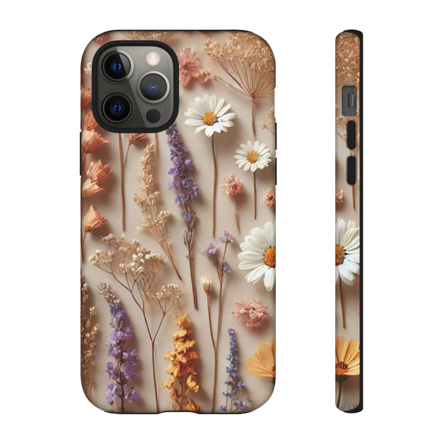 Aesthetic pressed flower floral design phone cover with colorful dried flowers on a neutral background