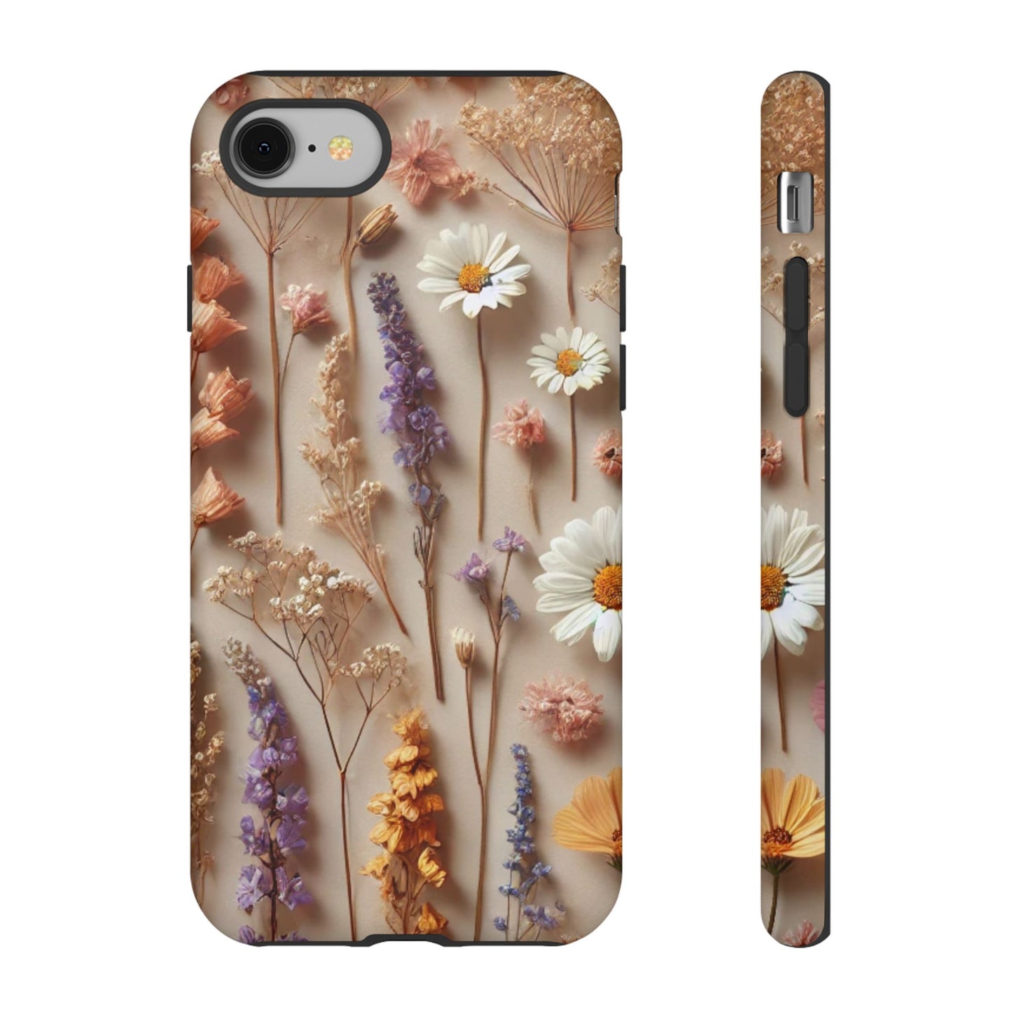Aesthetic pressed flower floral design phone cover featuring assorted dried flowers on a soft background