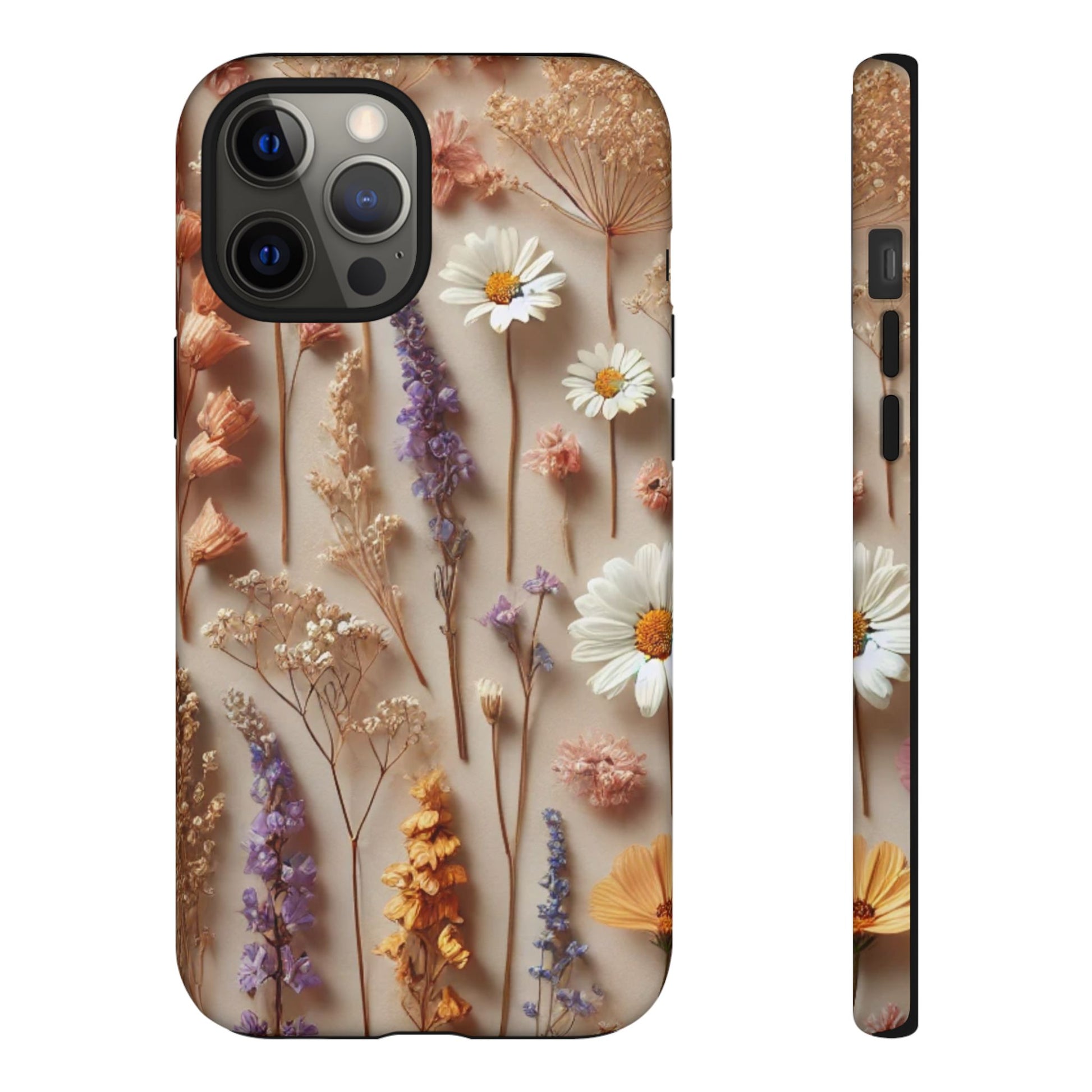 Standing Aesthetic pressed flower floral design phone cover featuring colorful dried flowers on a neutral background.