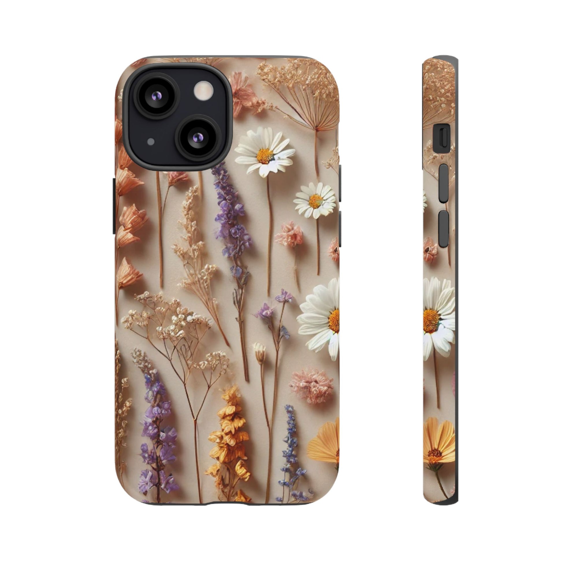 Aesthetic pressed flower floral design phone cover featuring colorful flowers on a neutral background