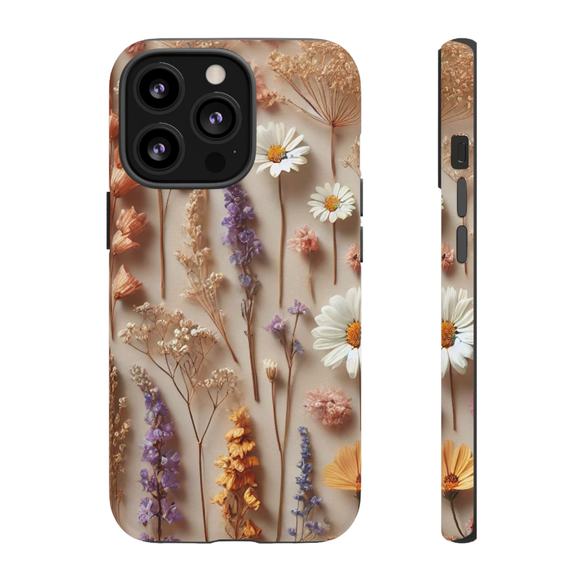 An Aesthetic pressed flower floral design phone cover featuring colorful dried flowers on a neutral white background