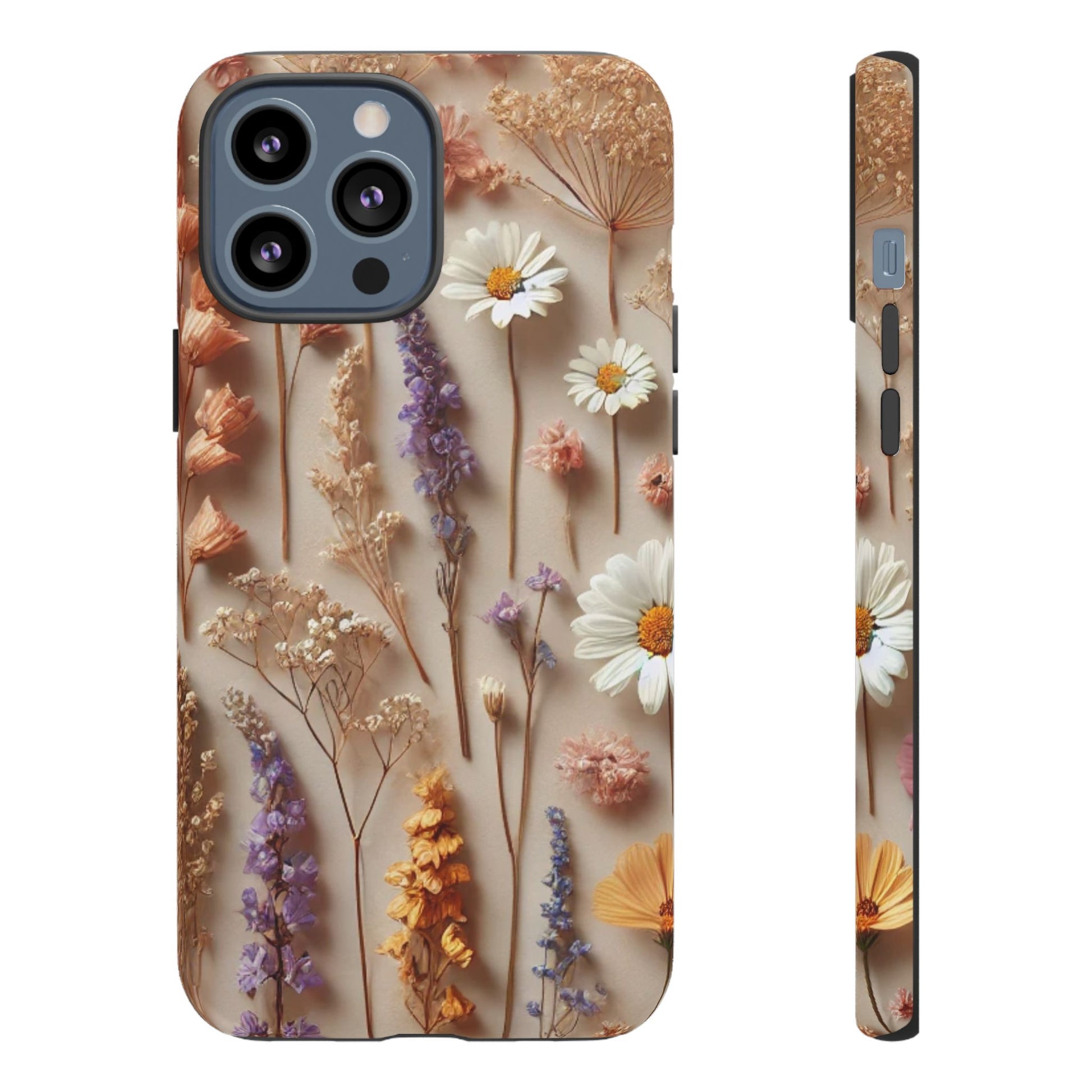 Aesthetic pressed flower floral design phone cover featuring colorful dried flowers on a neutral background
