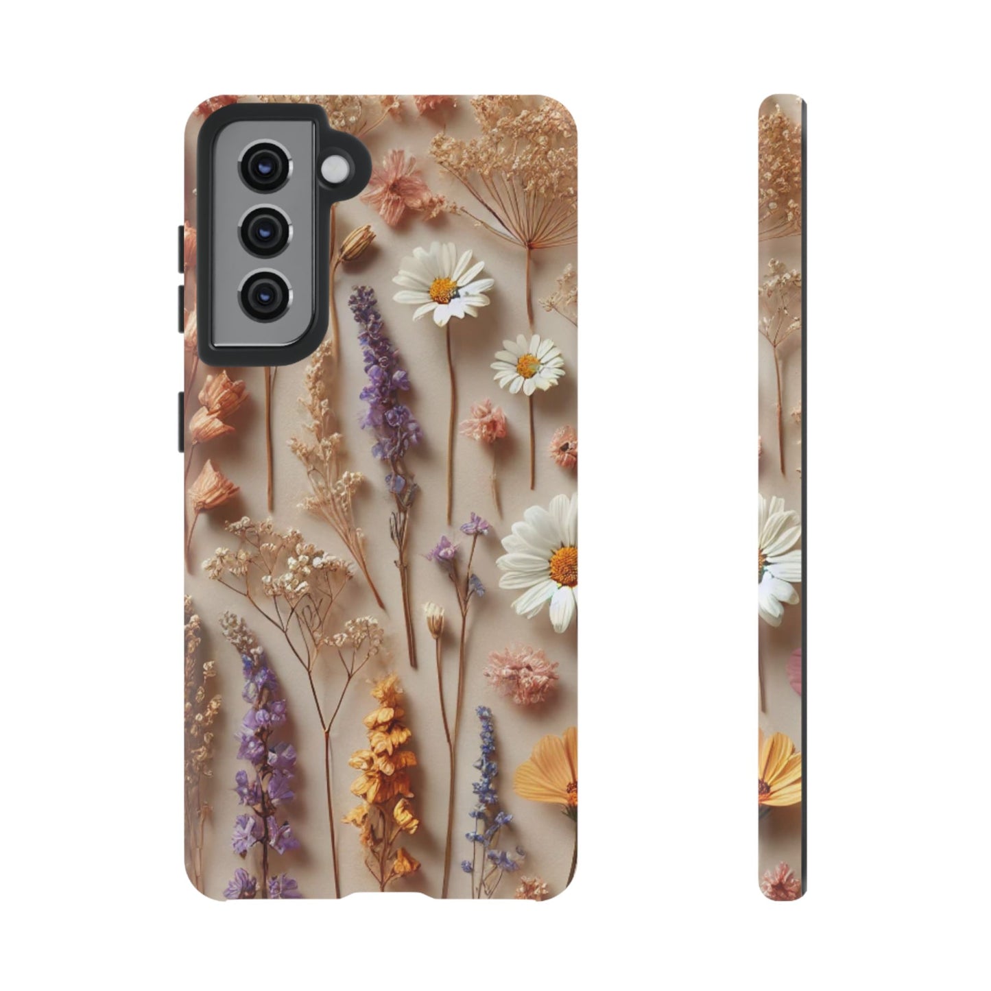 Aesthetic pressed flower floral design phone cover featuring colorful dried flowers on a soft background