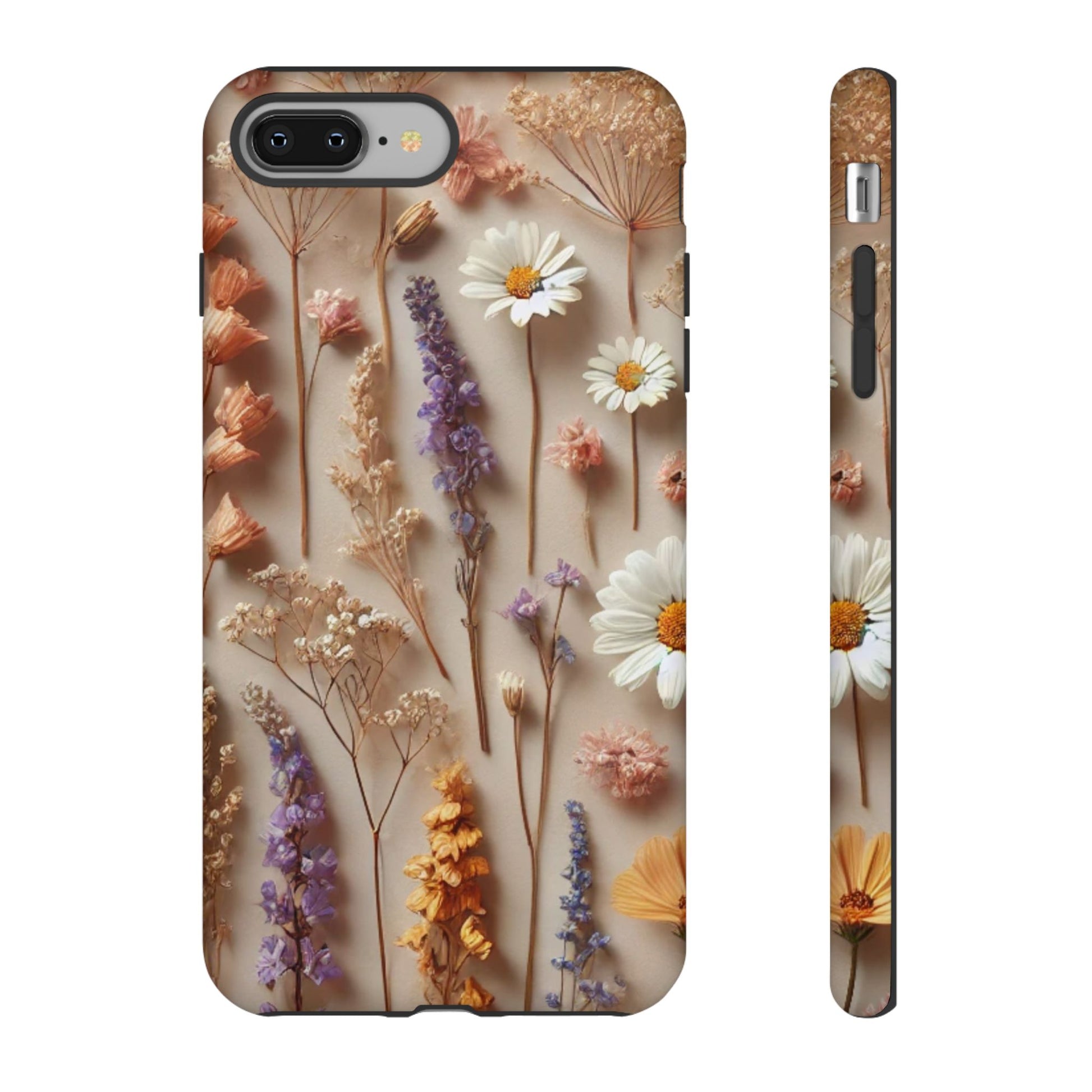 Aesthetic pressed flower floral design phone cover with colorful flowers on a soft background