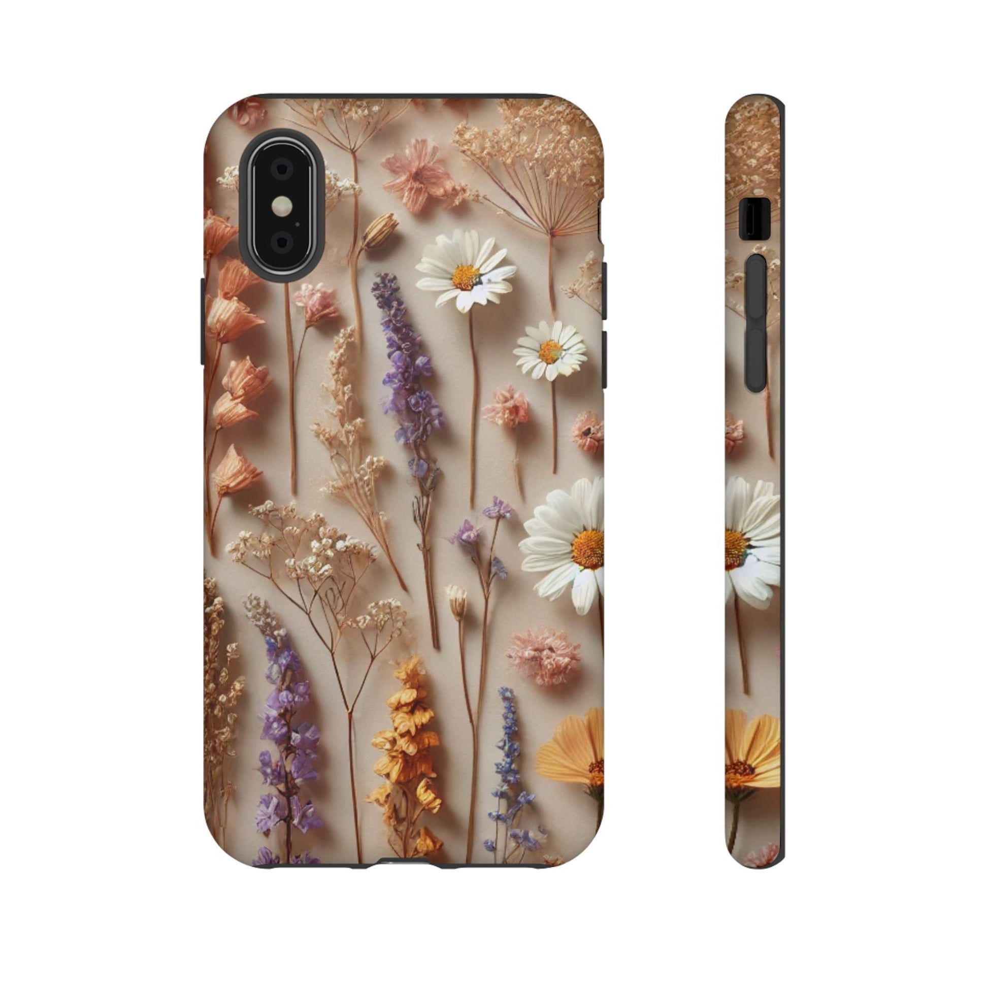 Aesthetic pressed flower floral design phone cover featuring various colorful dried flowers on a soft background
